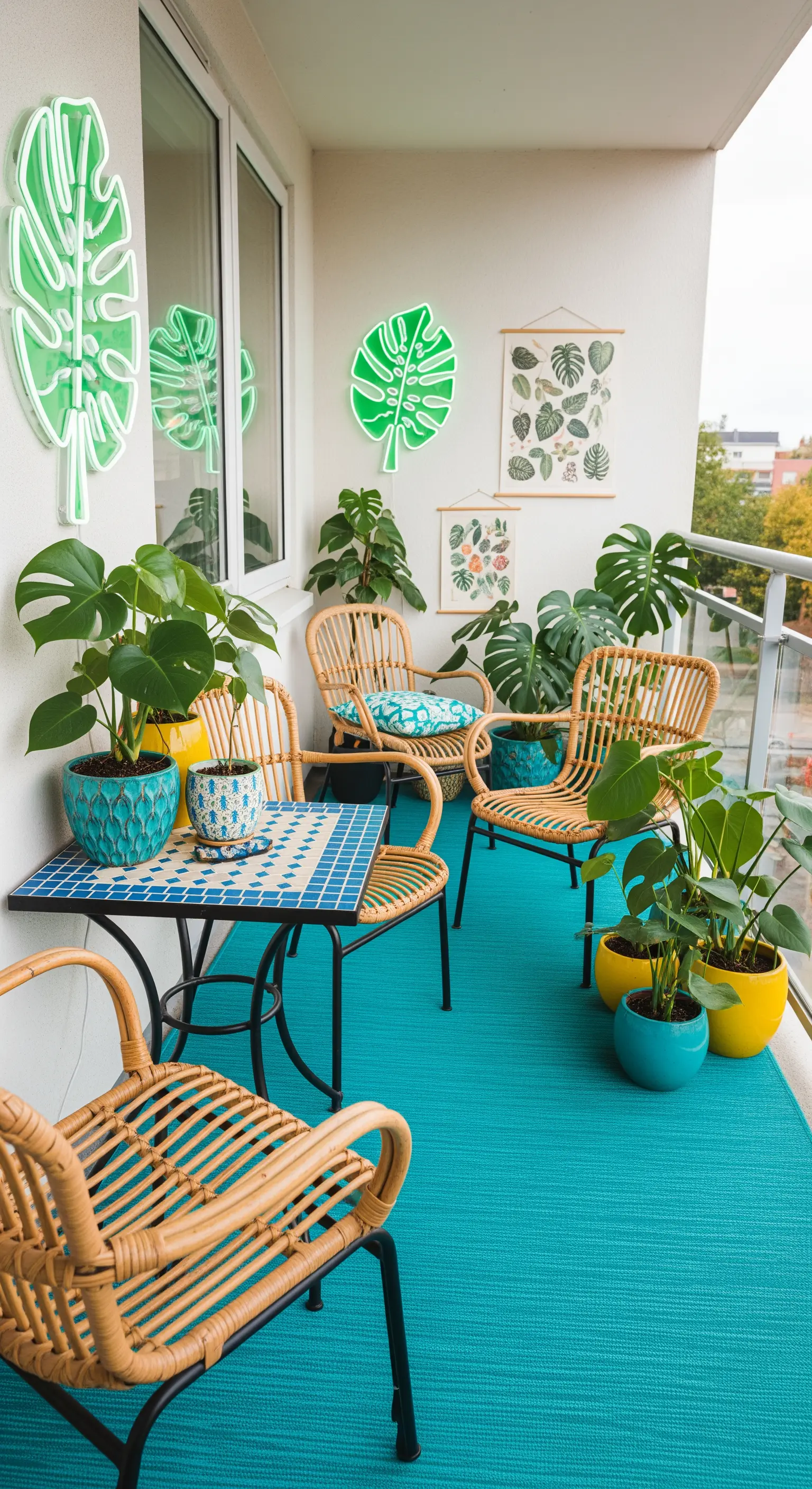 Bunter Balkon mit türkisem Teppich, gelben Töpfen und Neon-Blatt-Leuchten an der Wand