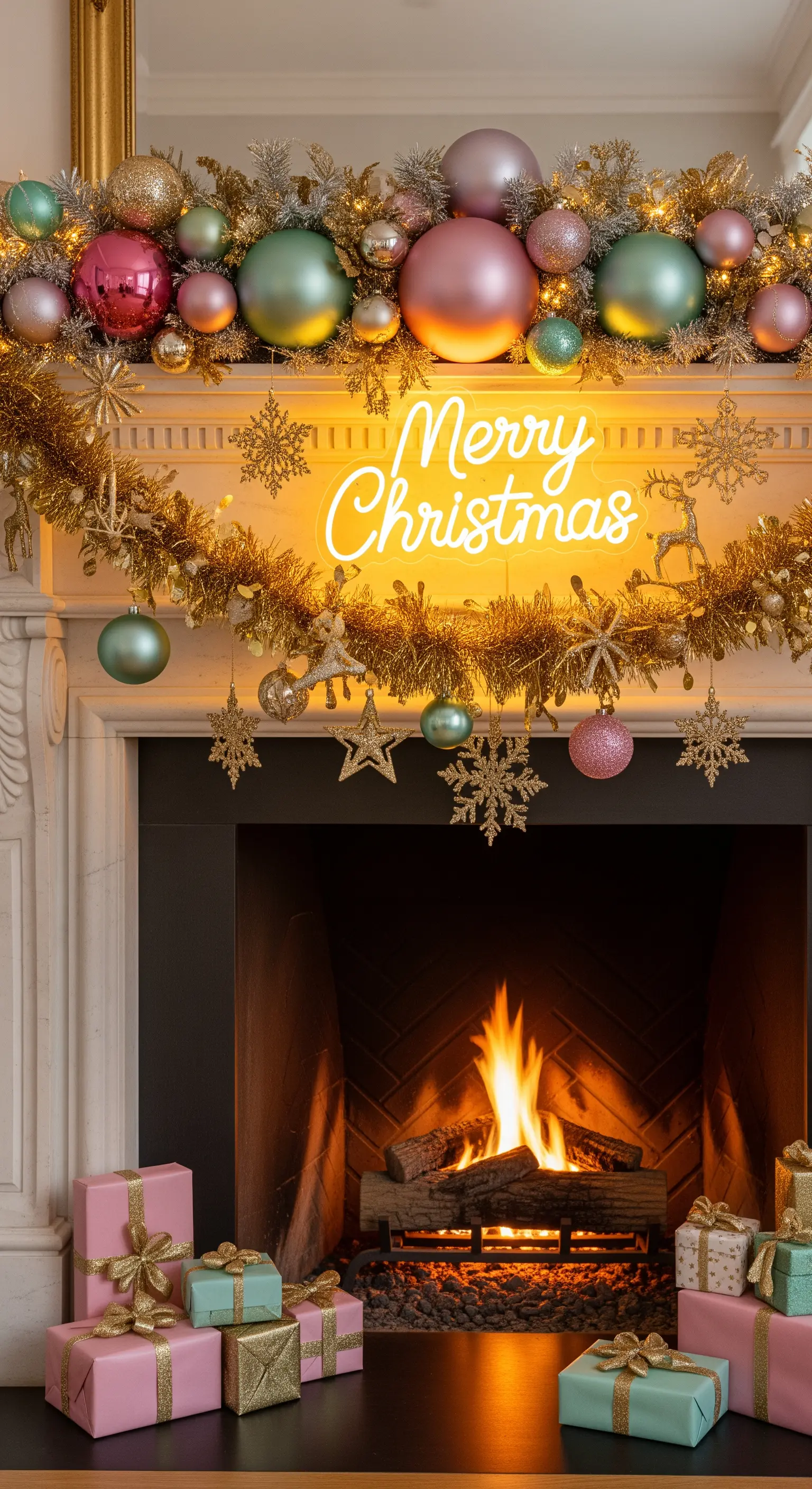 Kamin mit 'Merry Christmas' Neon-Schriftzug, goldener Tinsel-Girlande und pastelligen Geschenken.