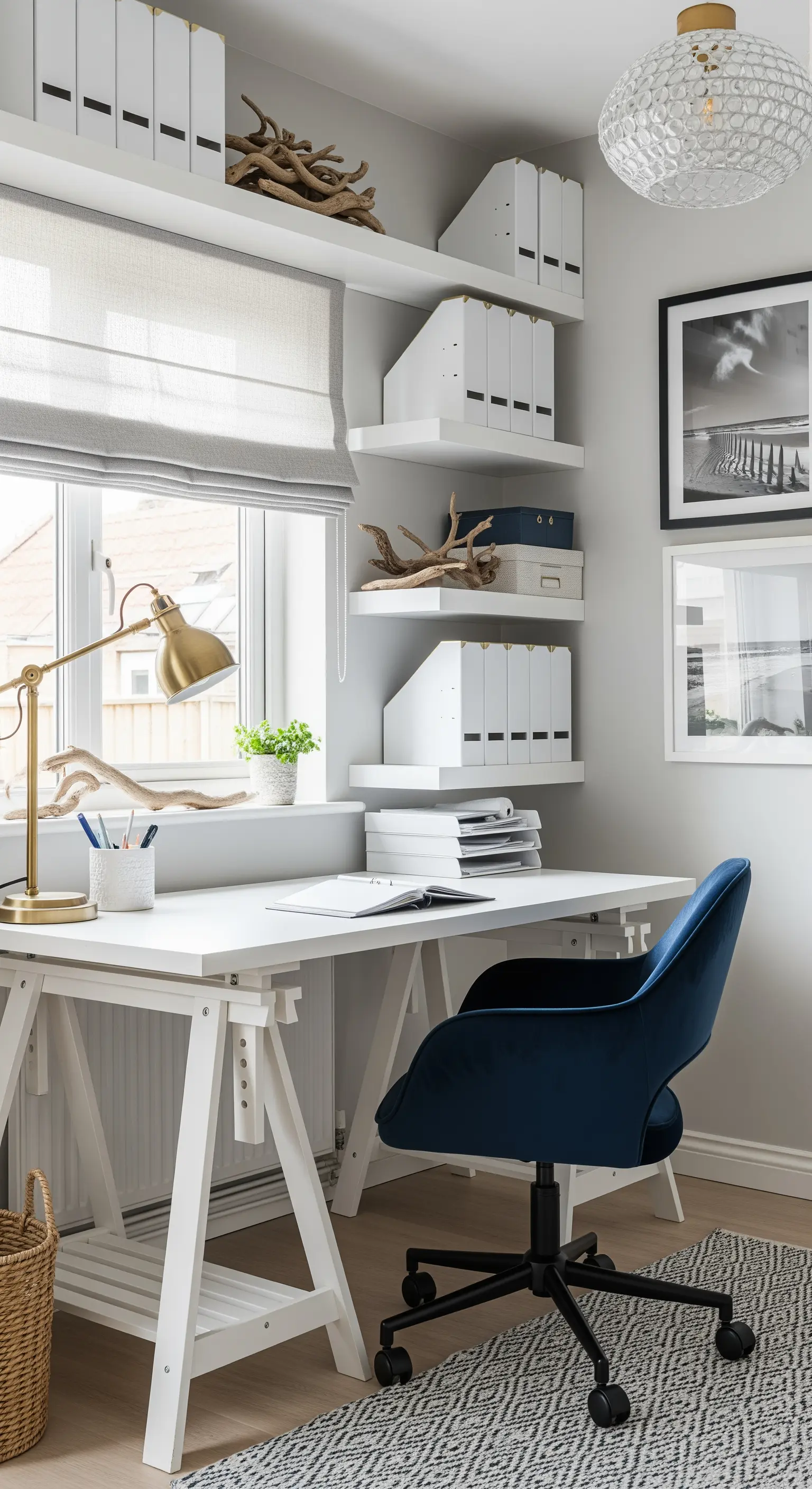 Helles Arbeitszimmer mit blauem Samtstuhl und Regal