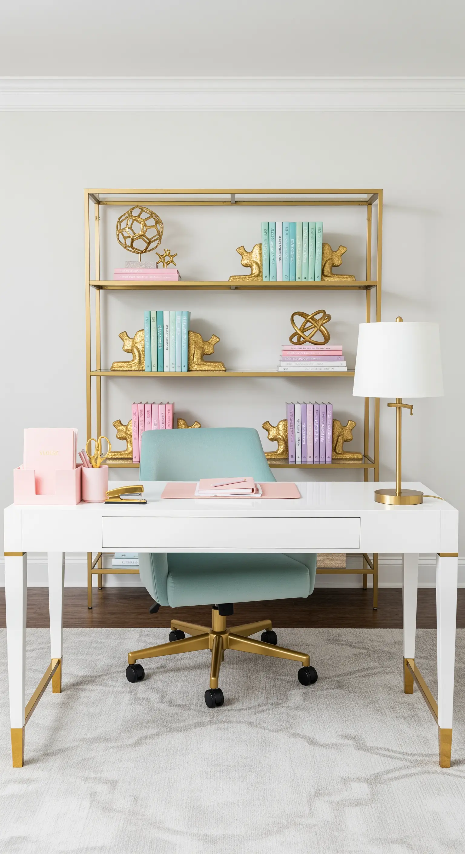 Weißer Schreibtisch mit goldenen Akzenten und pastellfarbenen Büchern