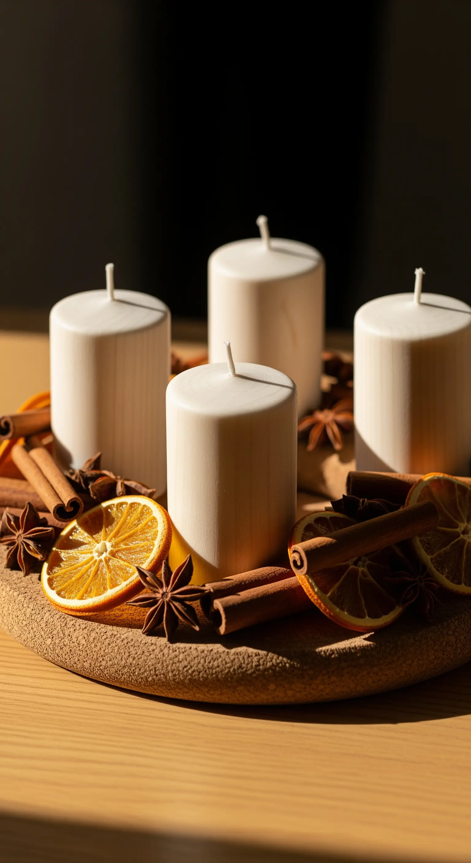 Dicke weiße Stumpenkerzen auf Korkbasis mit Zimtstangen und Orangen