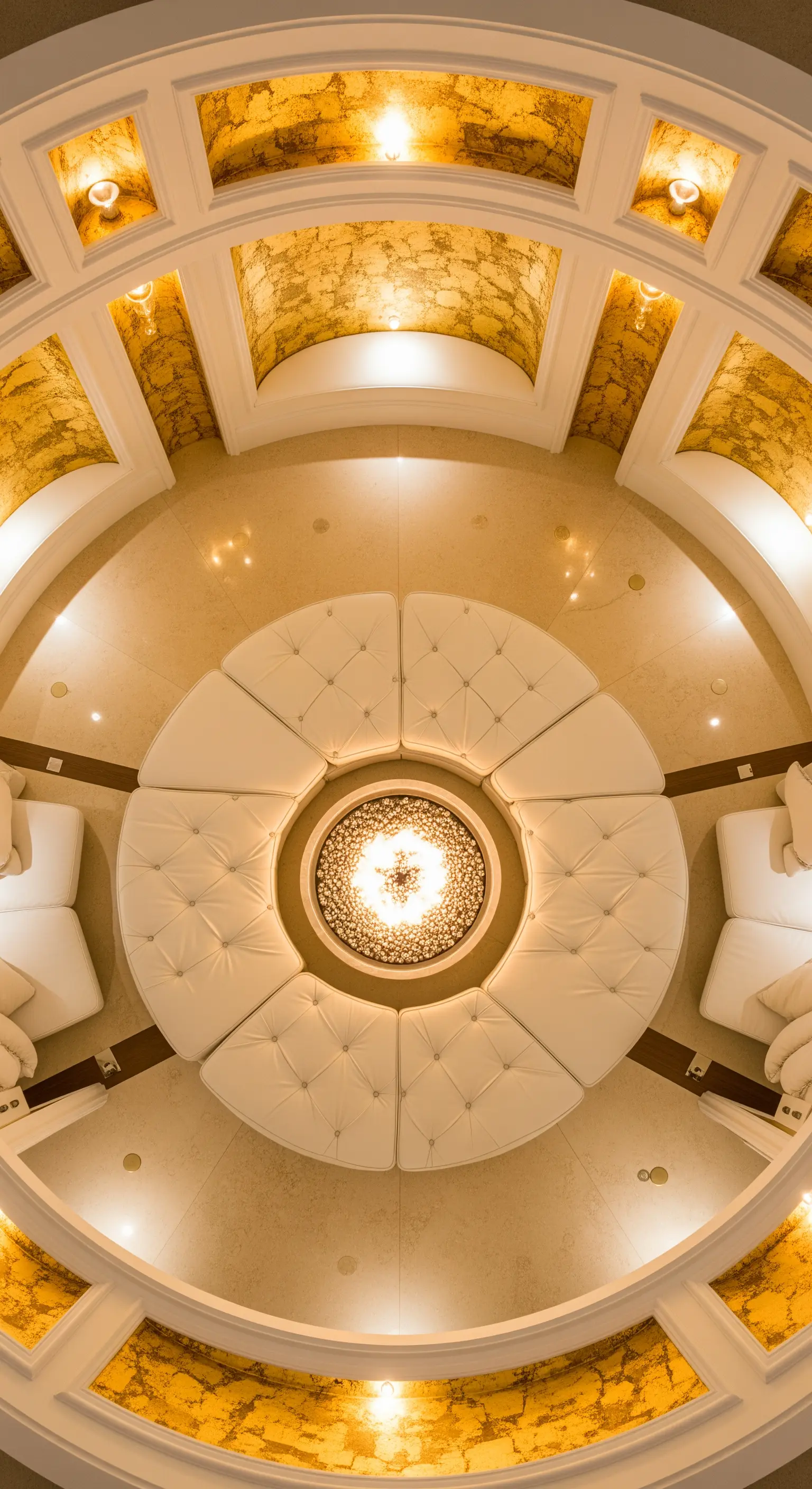 Kreisförmiges weißes Ledersofa unter goldener Kuppeldecke