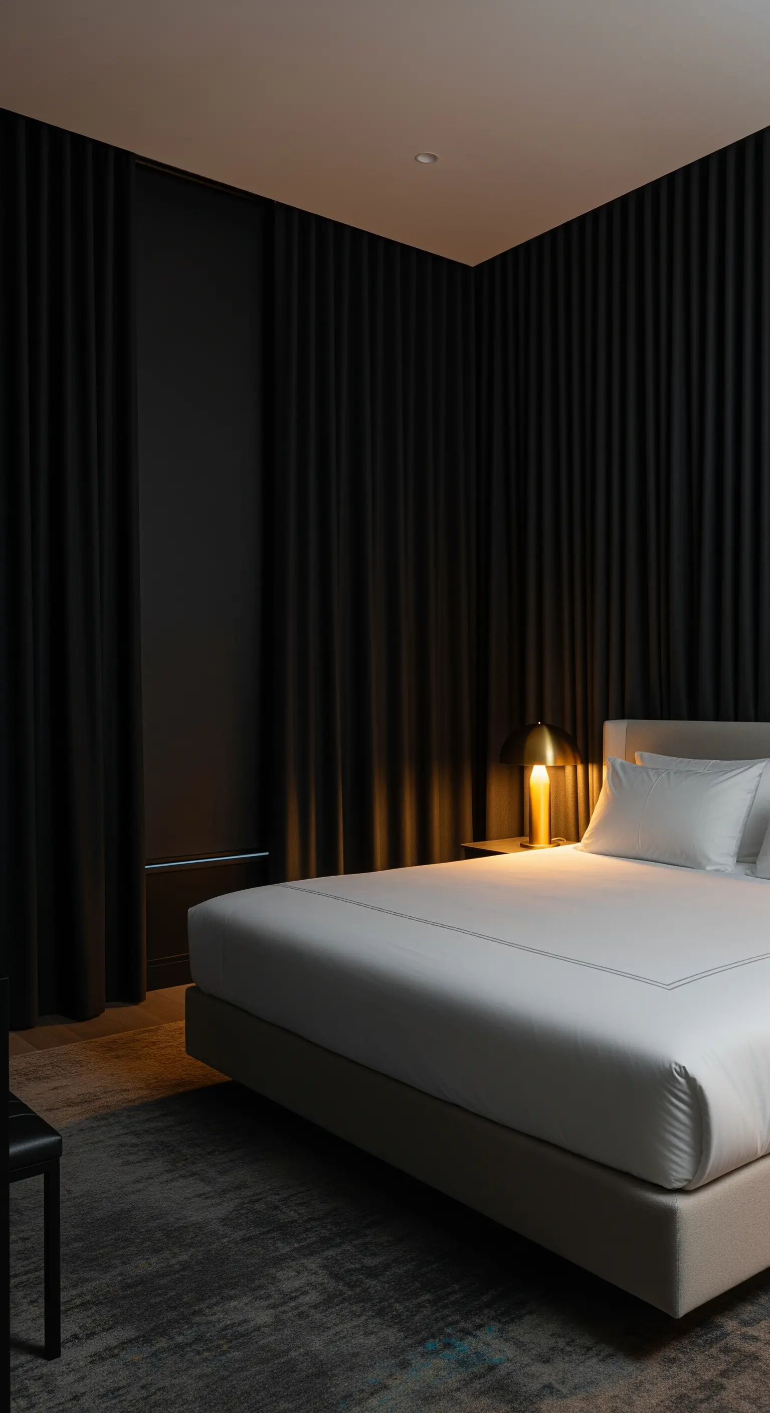 Komplett schwarzes Schlafzimmer mit schwarzen Vorhängen