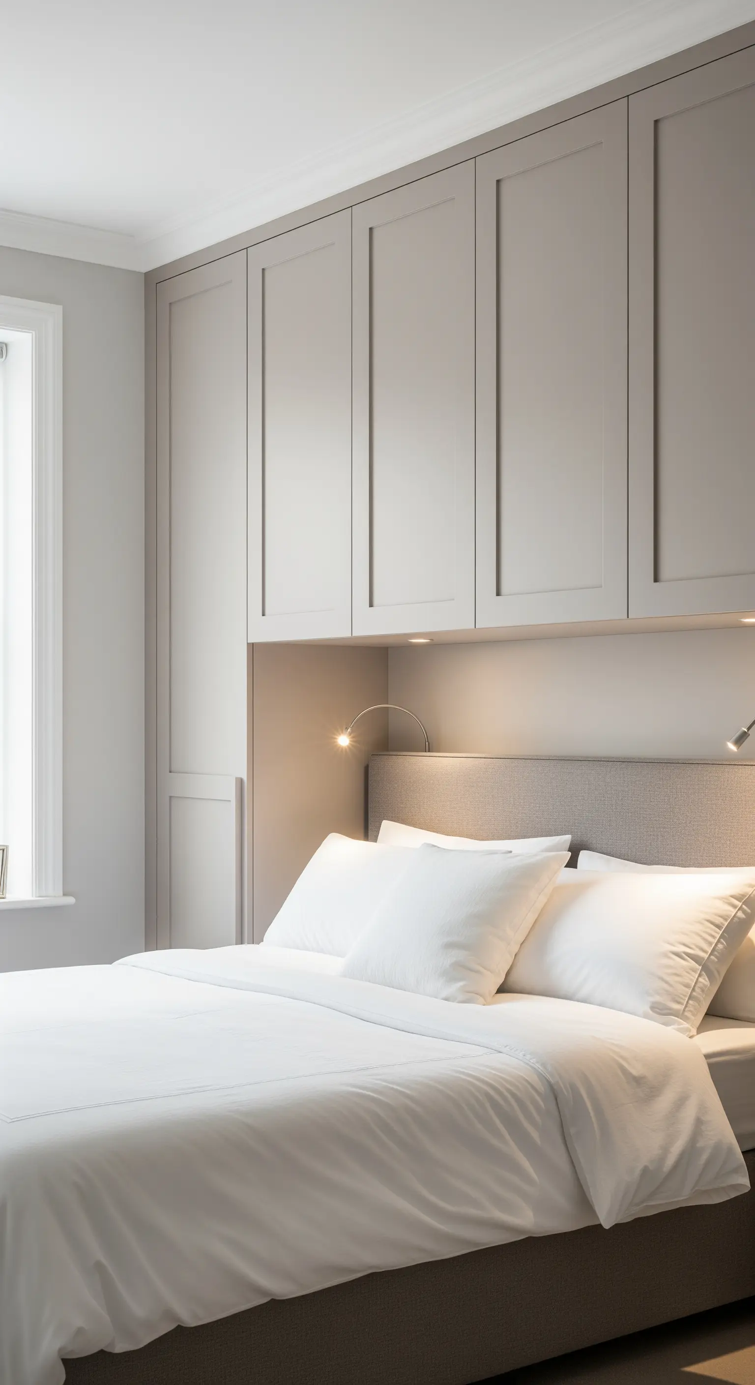 Graue Einbauschränke, die das Bett umrahmen