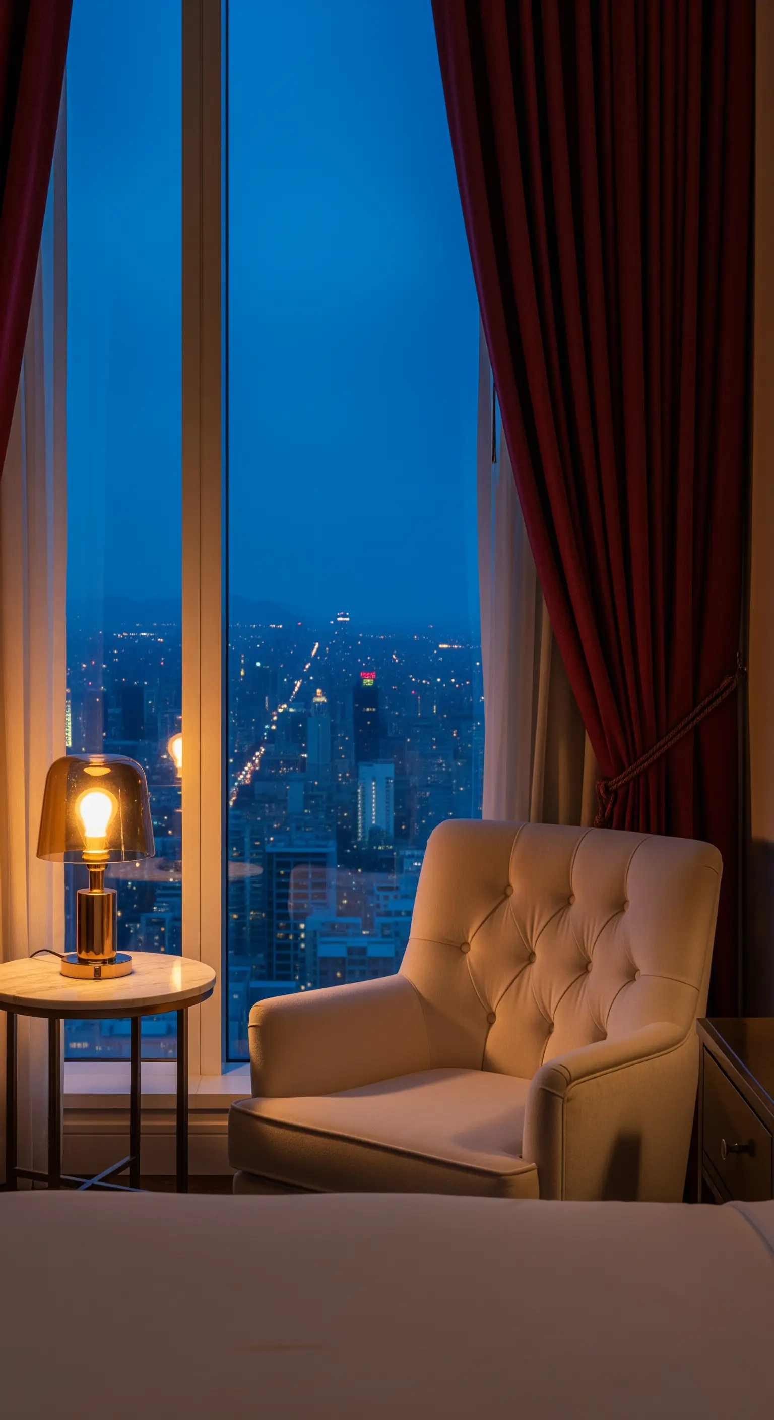 Gemütlicher Sessel am Fenster mit schweren roten Vorhängen und Stadtblick