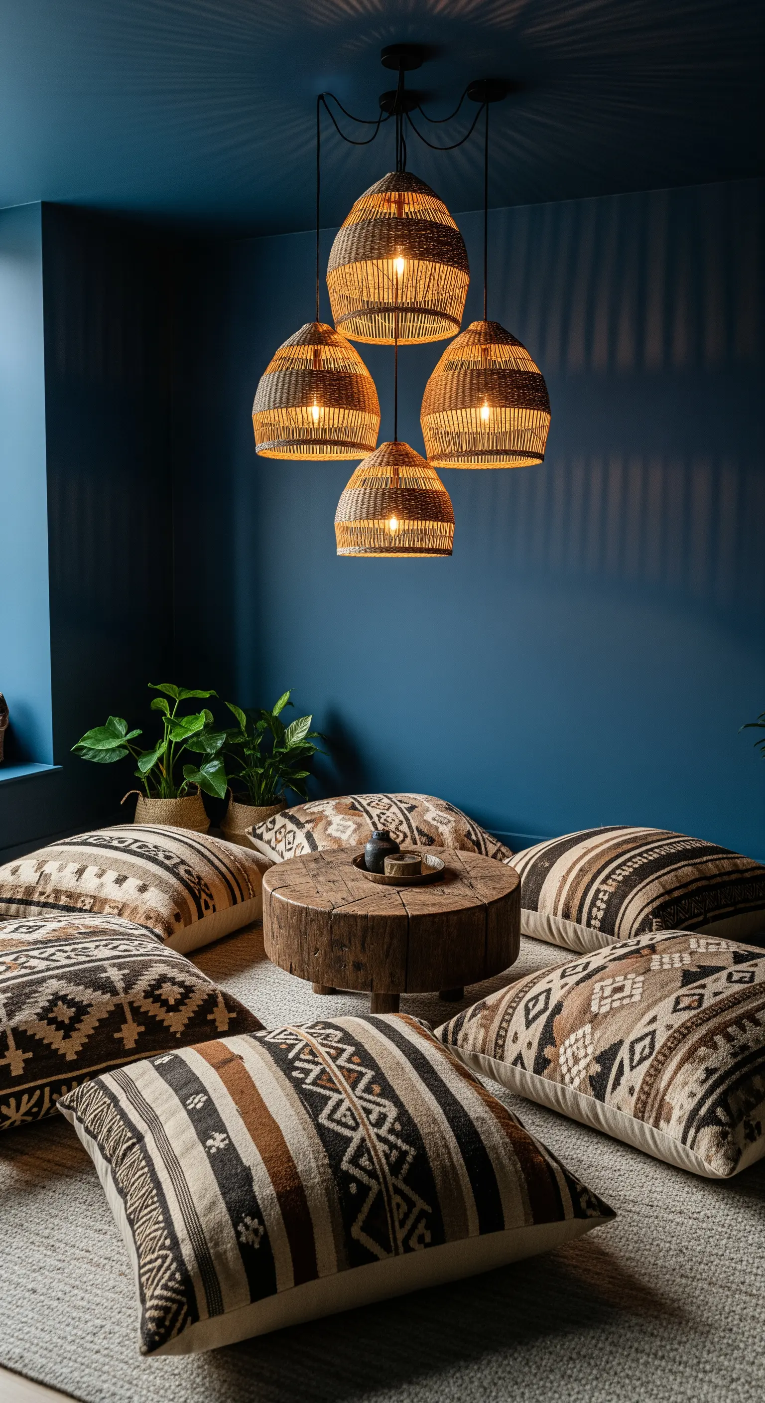 Gruppe von Rattanlampen über Bodenkissen-Sitzbereich