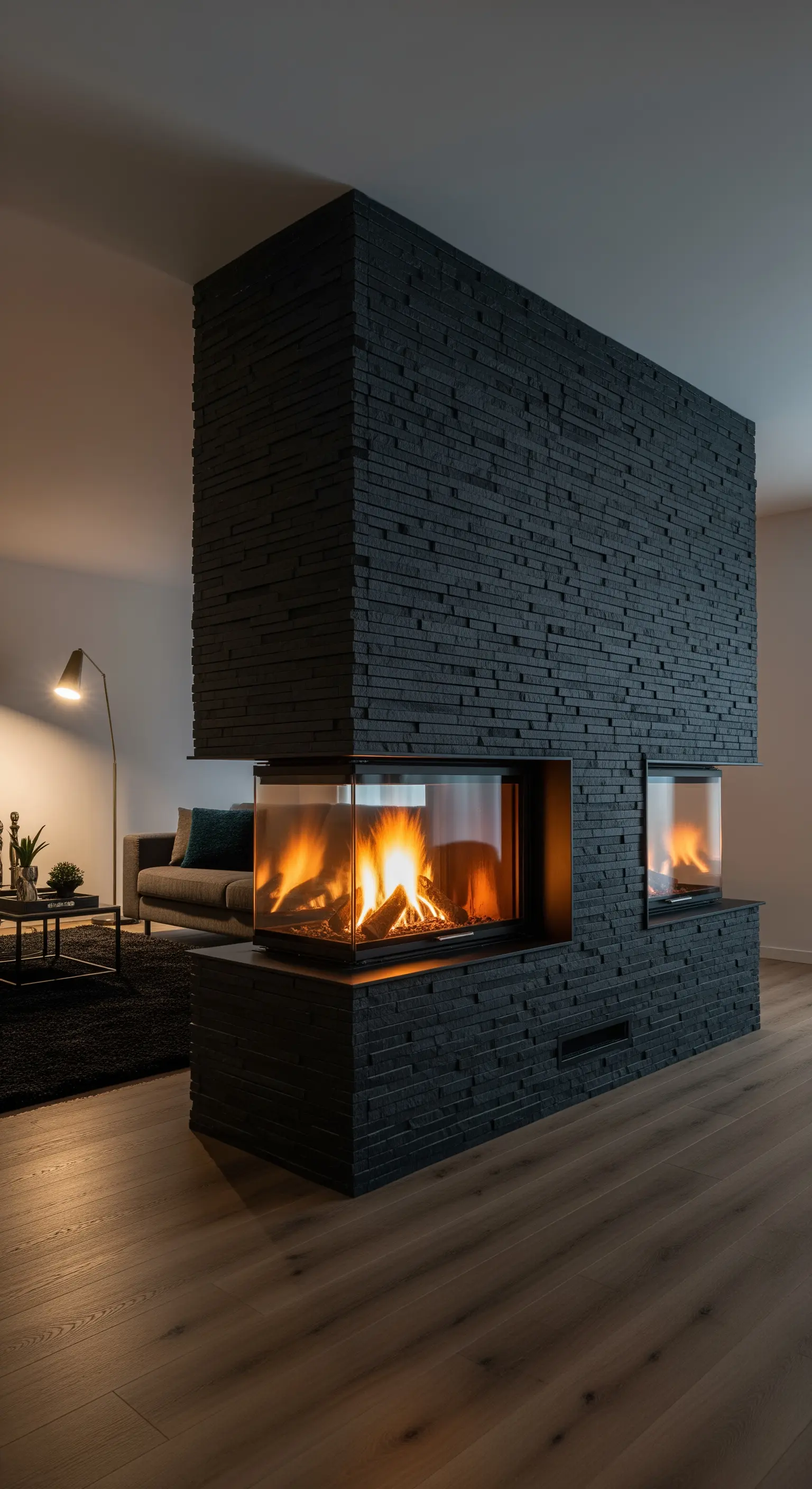 Freistehender Kaminblock aus dunklem Stein