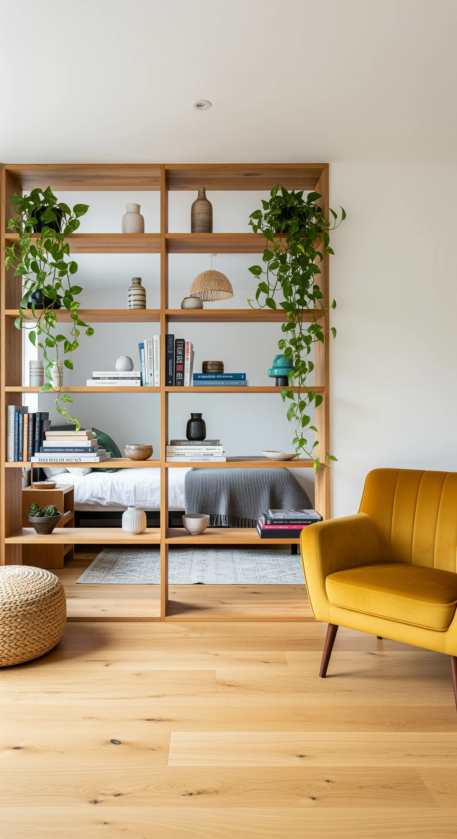 Offenes Holzregal als Raumteiler mit Pflanzen