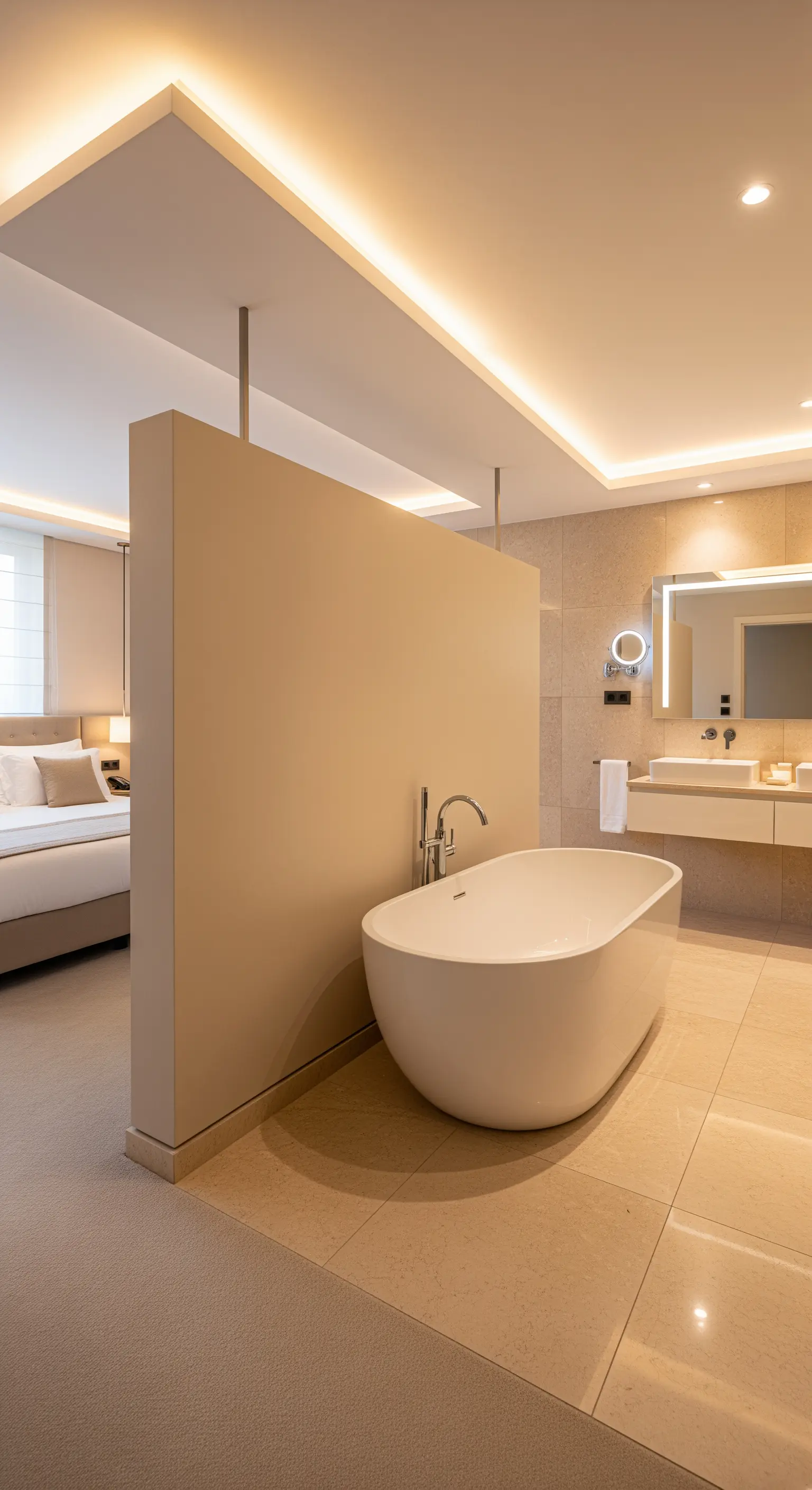 Offenes Badezimmer mit Raumteiler-Wand, die oben und unten beleuchtet ist