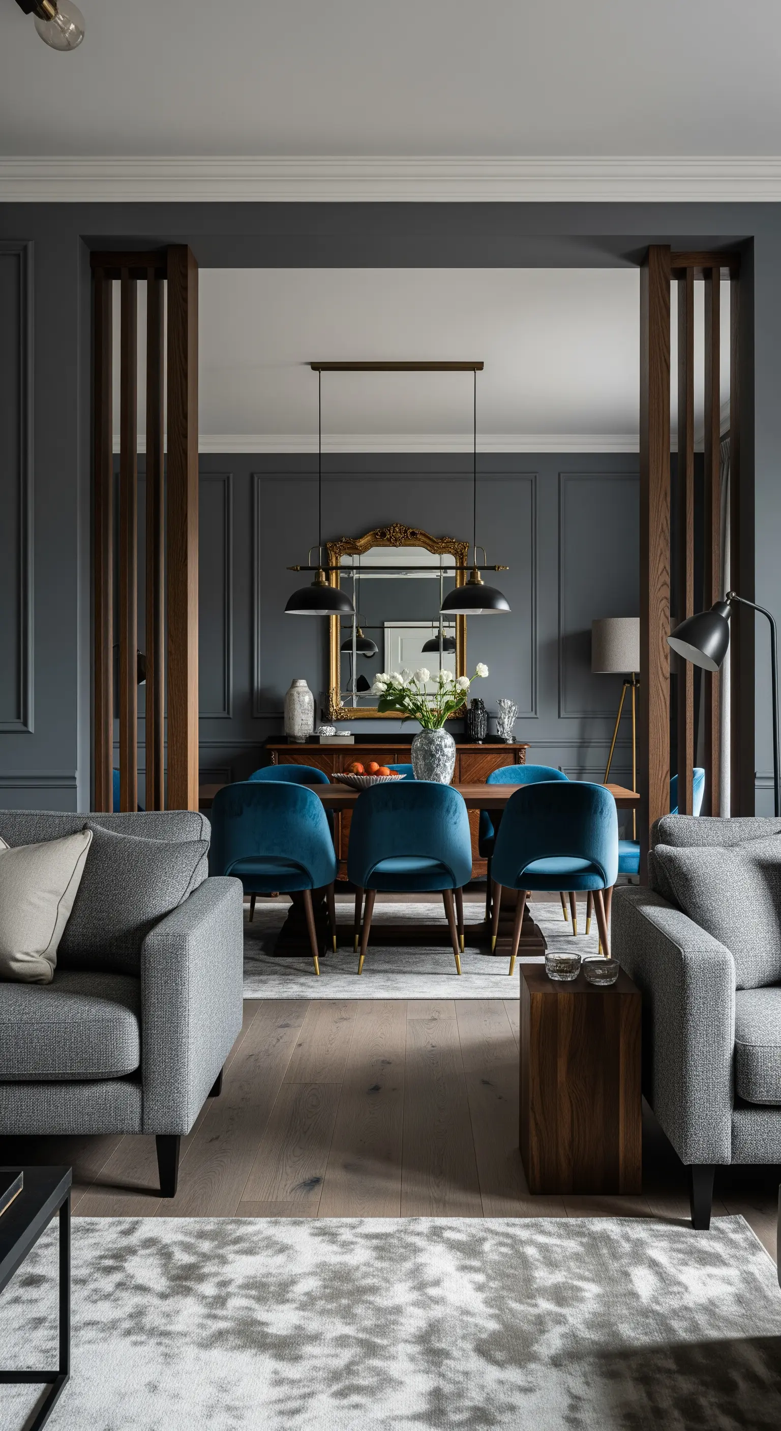 Essbereich mit Raumtrenner aus Holzlamellen und blauen Stühlen