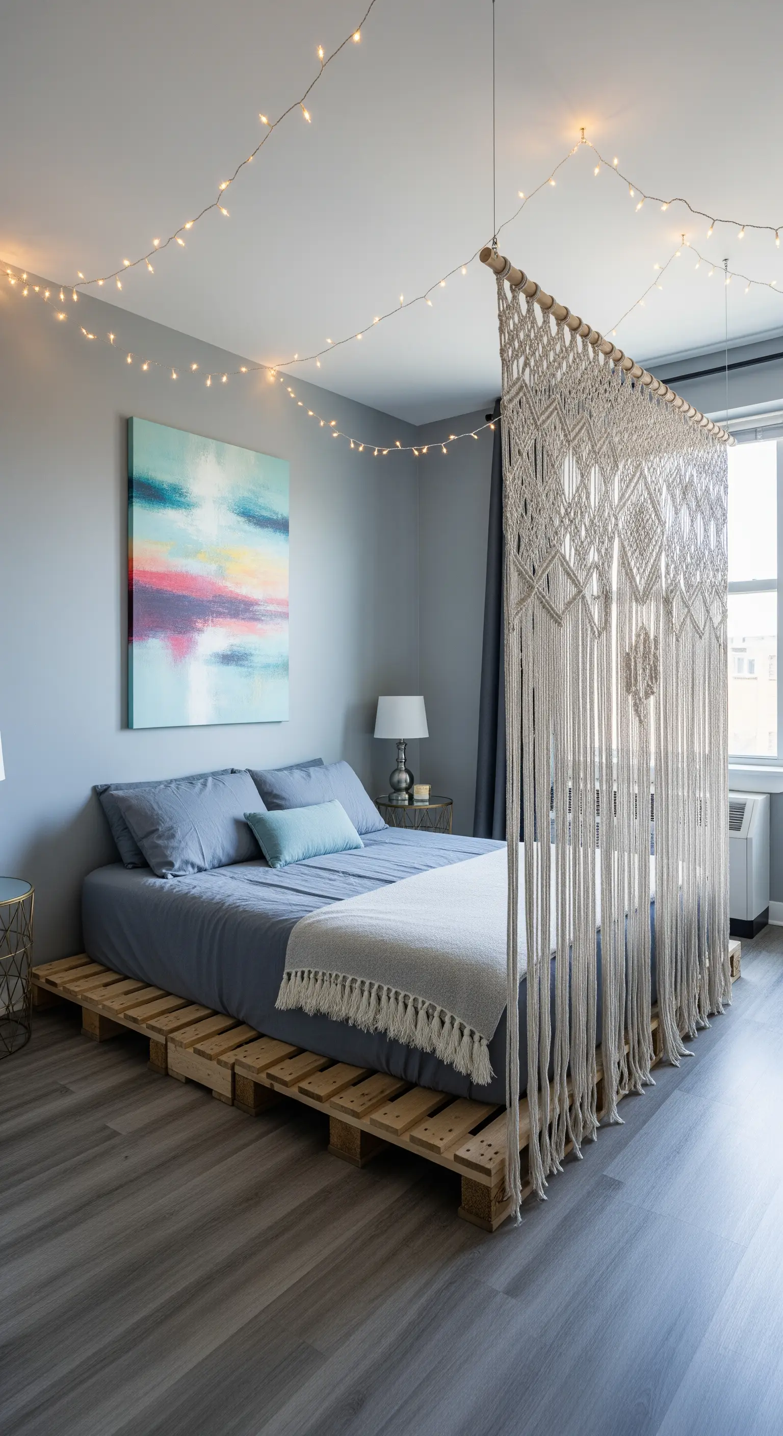 Schlafbereich abgetrennt durch Makramee-Vorhang und Lichterkette
