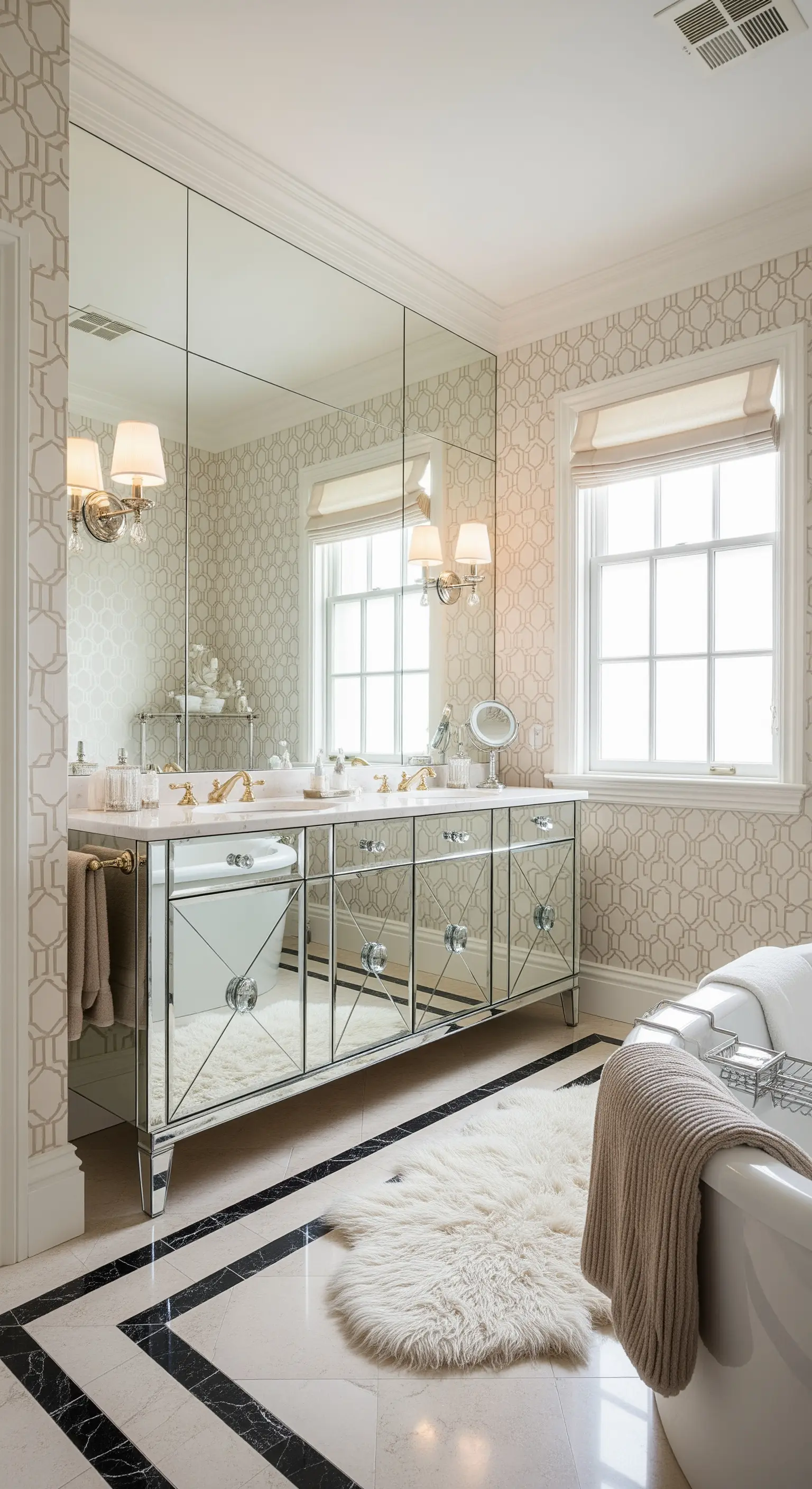 Waschtisch mit verspiegelten Fronten und geometrischem Muster