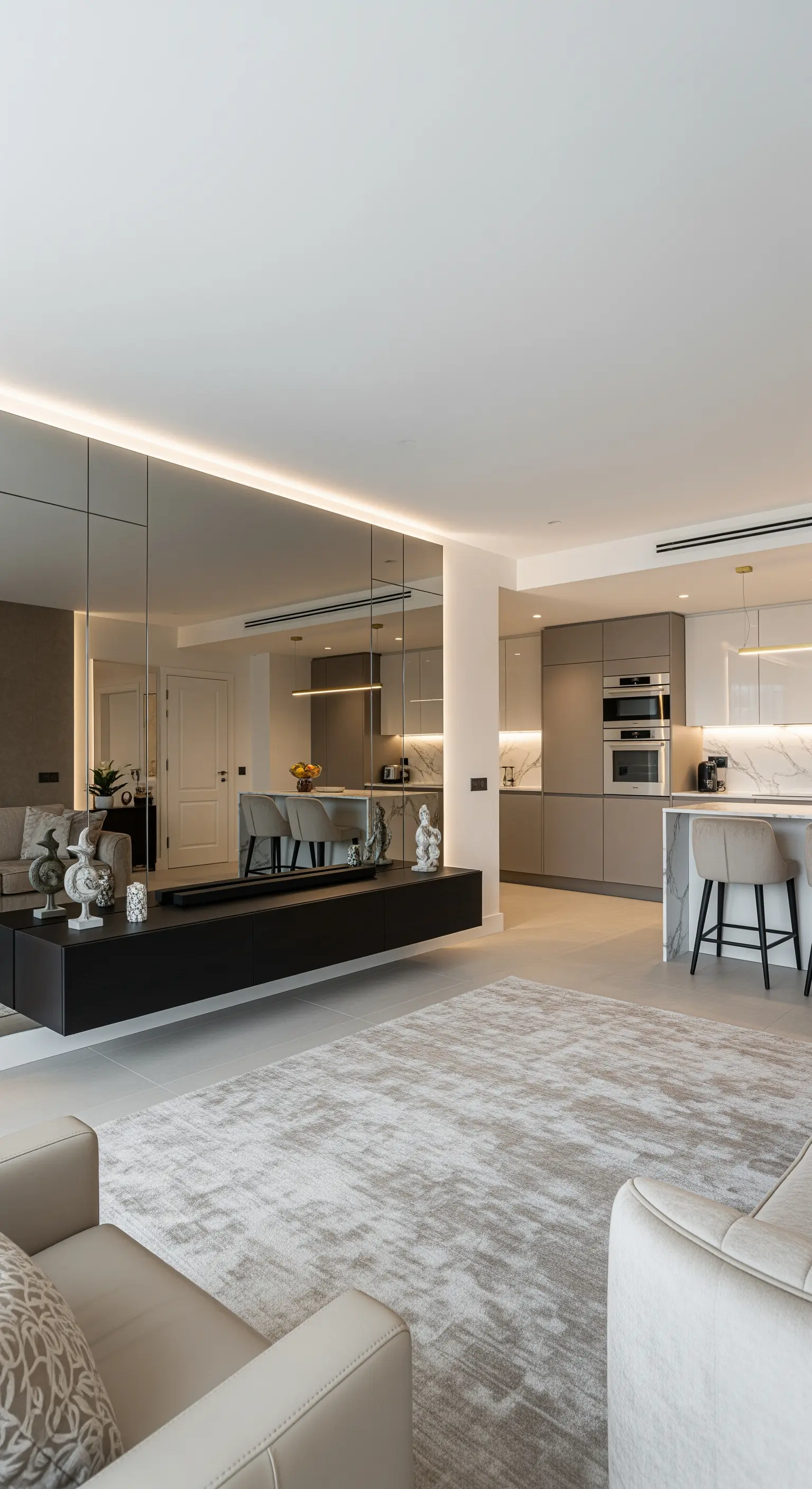 Wohnzimmer mit verspiegelter Wand und beigem Teppich