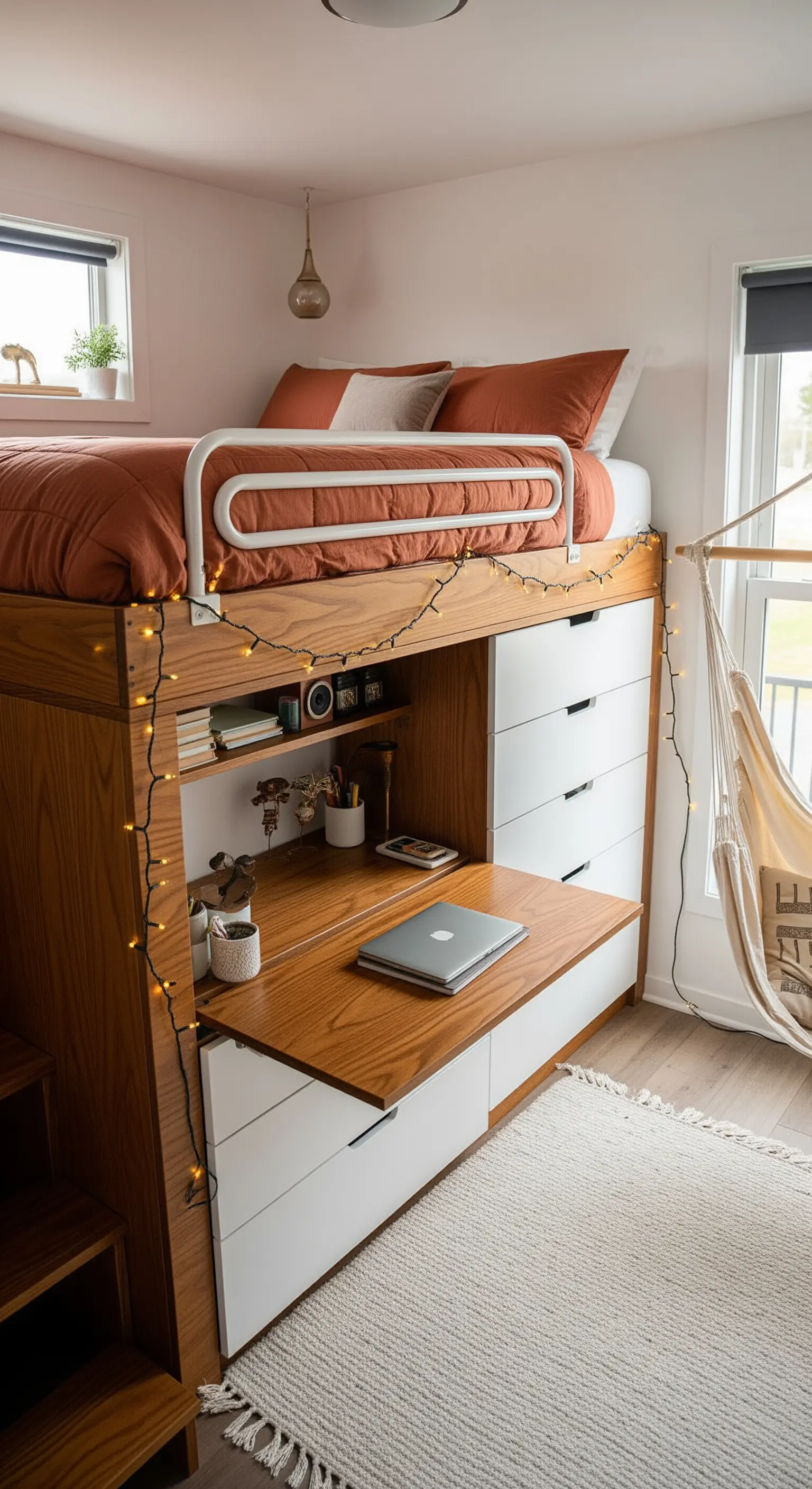 Hochbett aus Holz mit Schreibtisch darunter und Hängematte