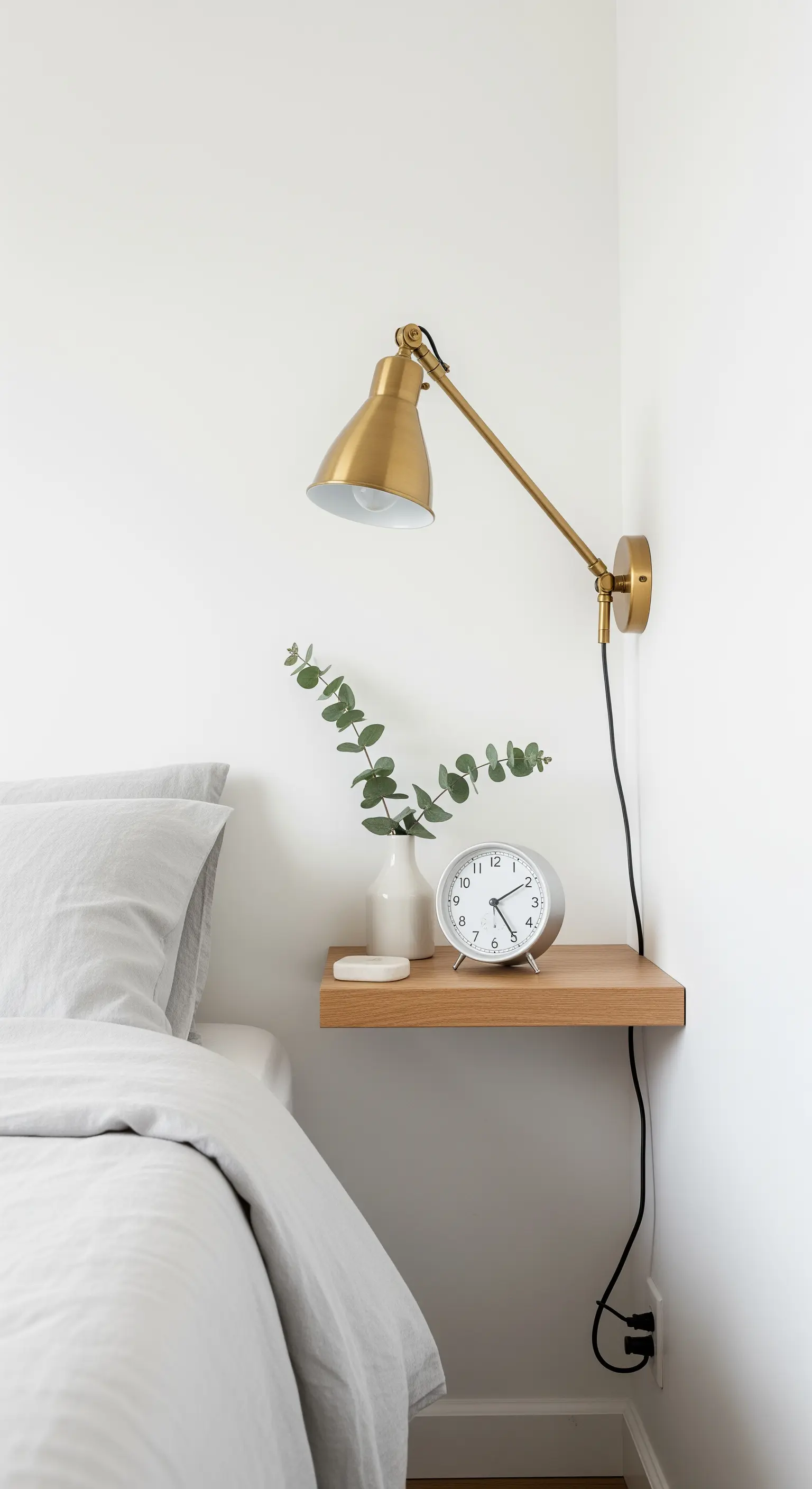 Schwebender Nachttisch mit goldener Lampe und Eukalyptus