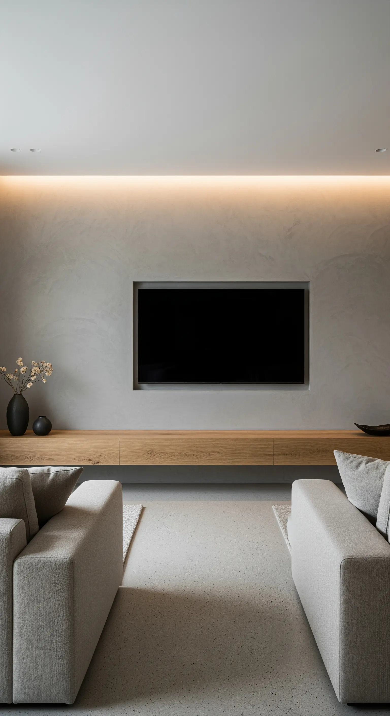 Graue Betonoptik-Wand mit hellem Eichen-Lowboard