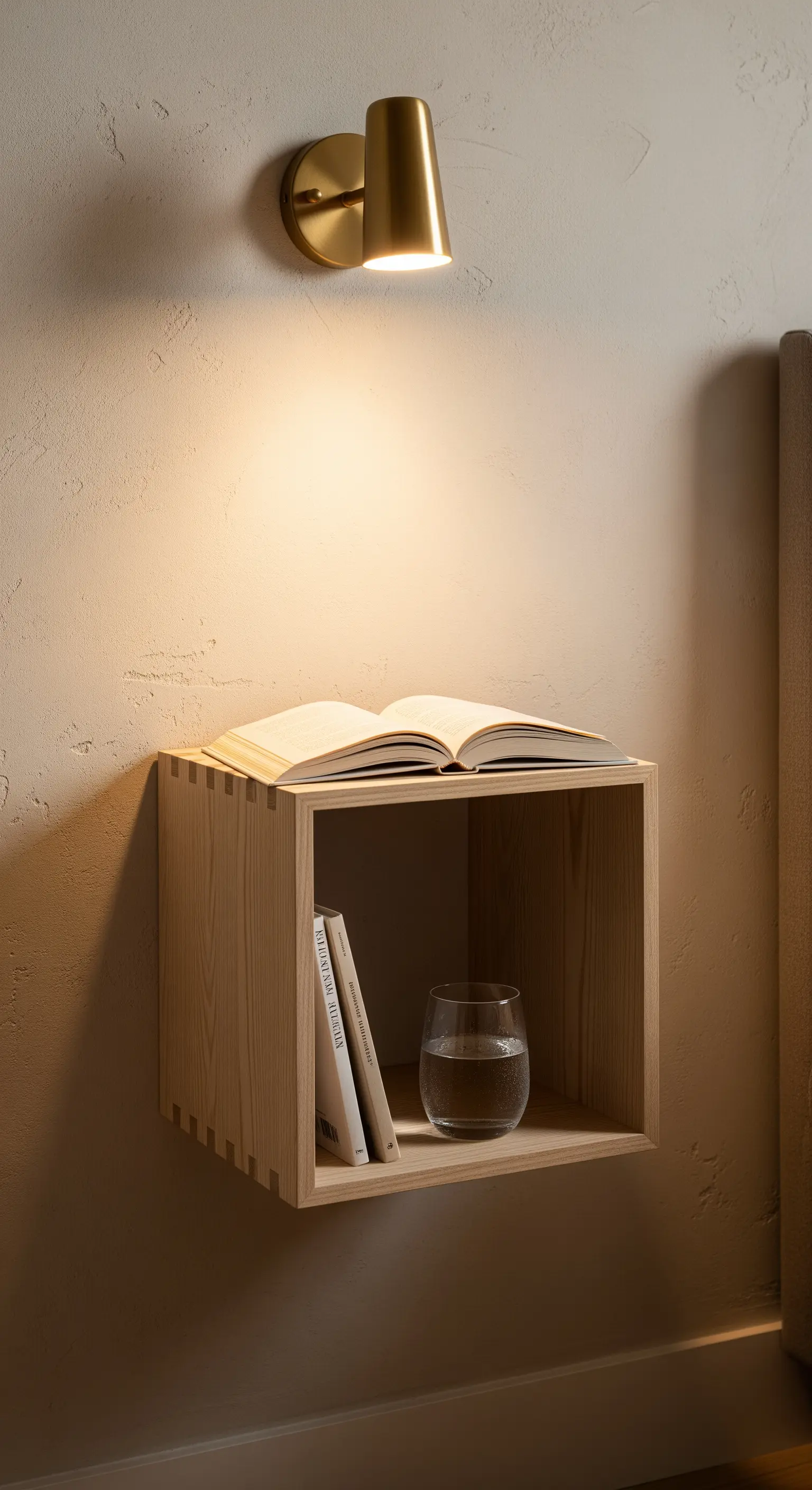 Hölzerner Würfel als schwebender Nachttisch