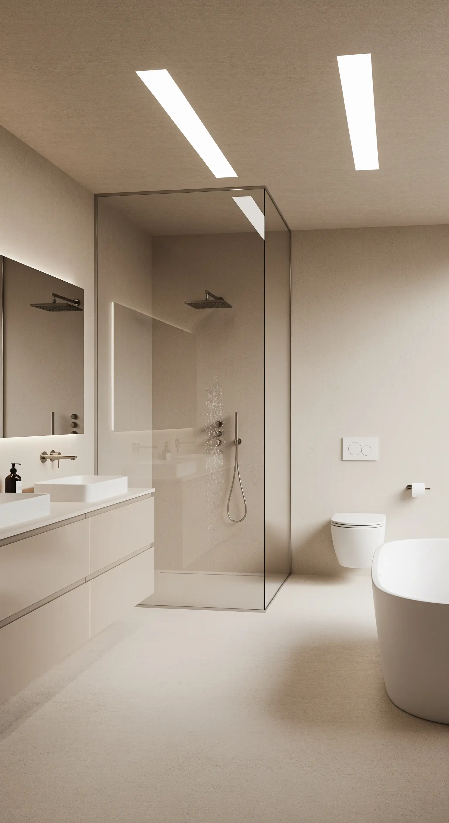 Modernes Bad mit architektonischen Lichtschlitzen in der Decke