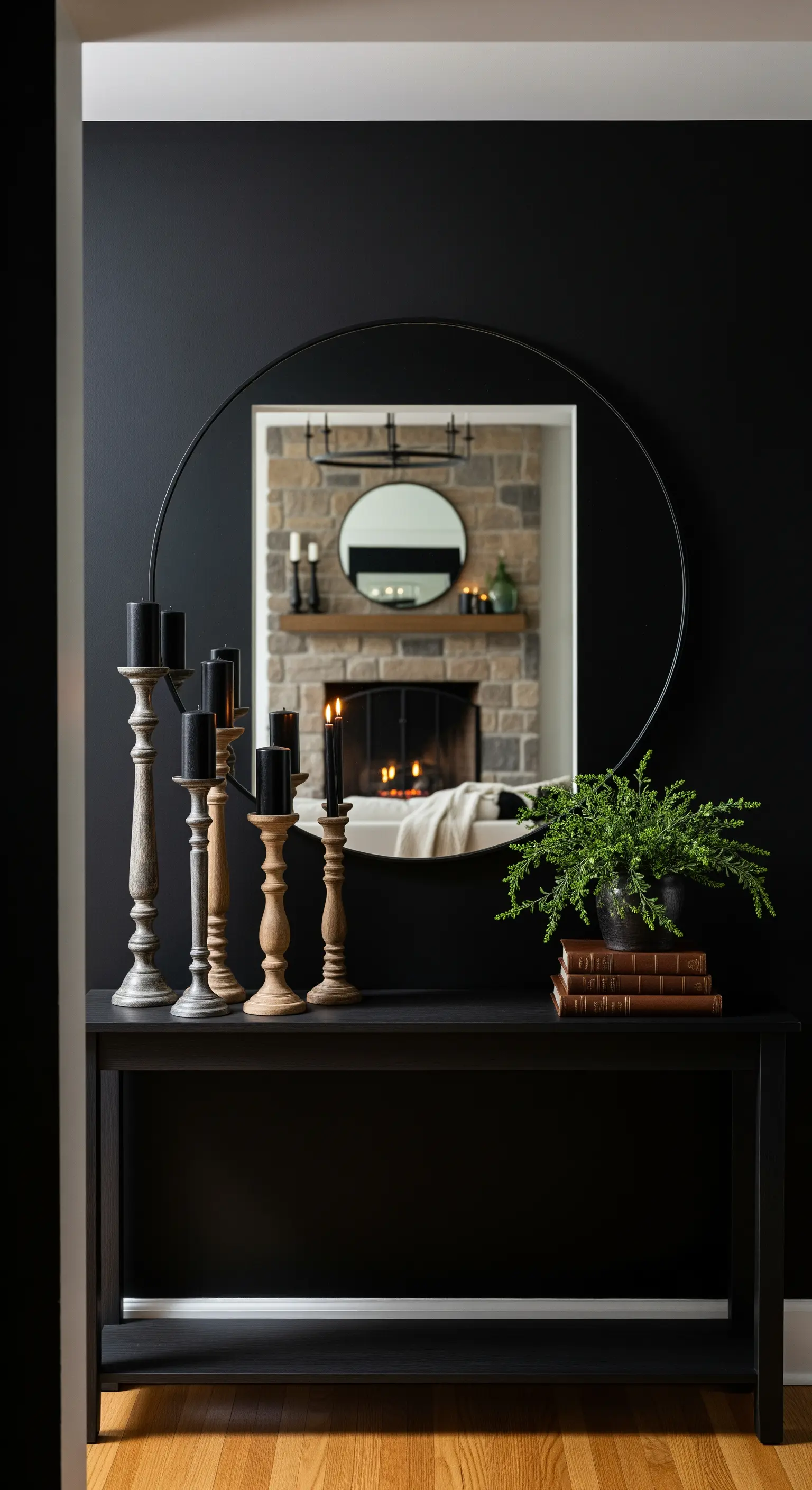 Großer runder Spiegel über schwarzer Konsole mit Kerzen