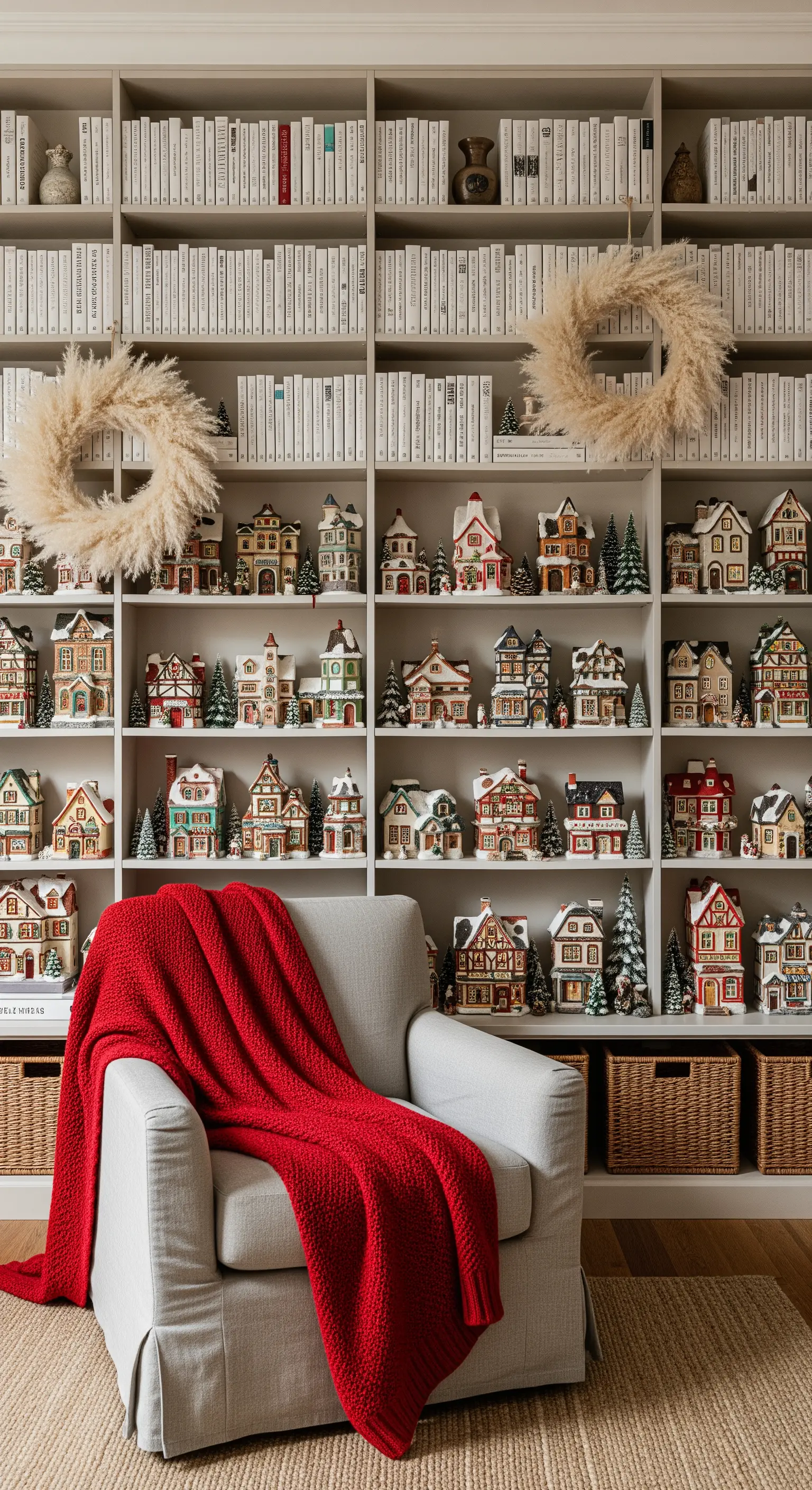 Bücherregal dekoriert mit Pampasgras-Kränzen und kleinen Lichthäusern