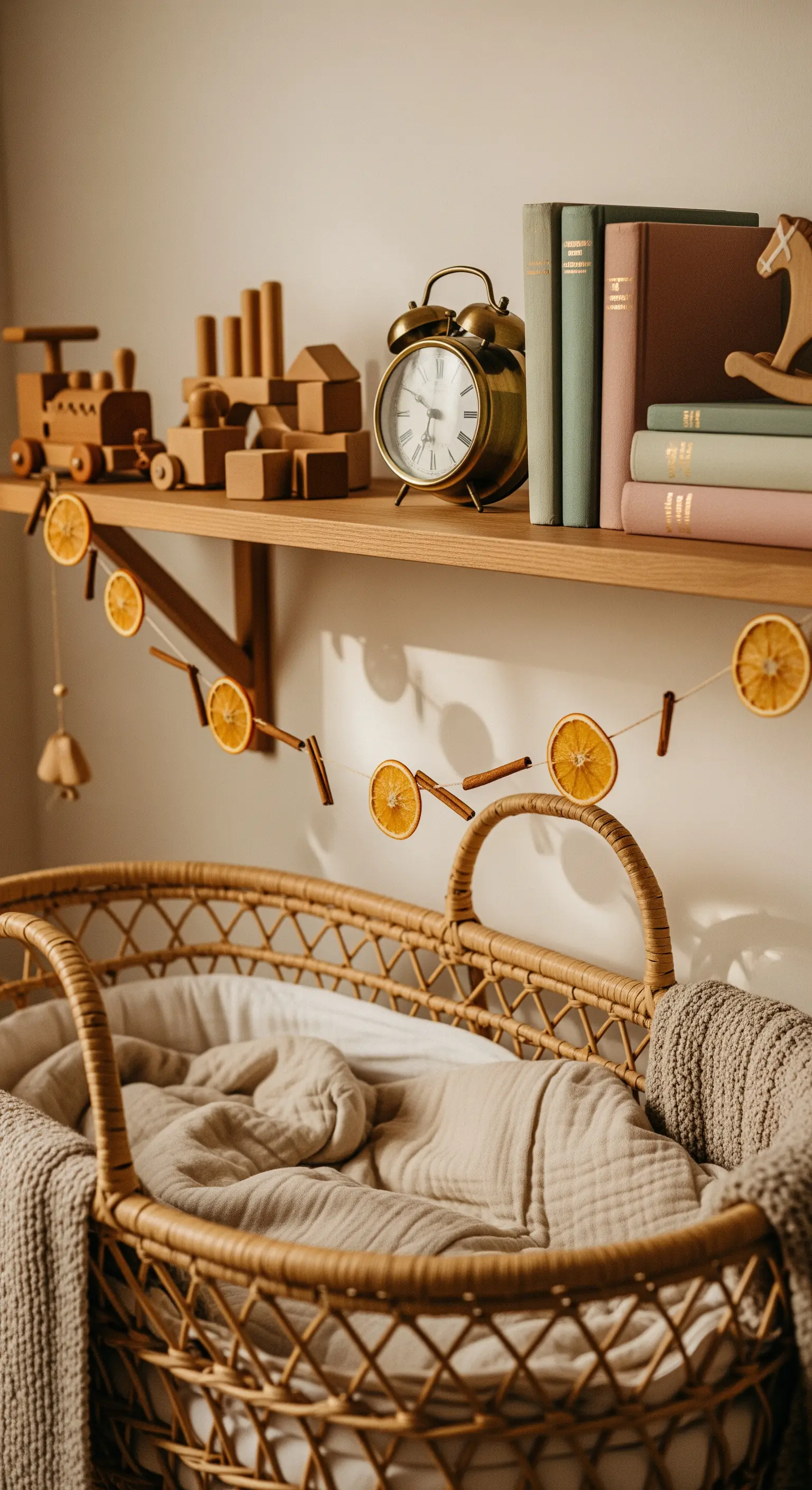 Holzregal mit Holzspielzeug und Orangenscheiben-Girlande