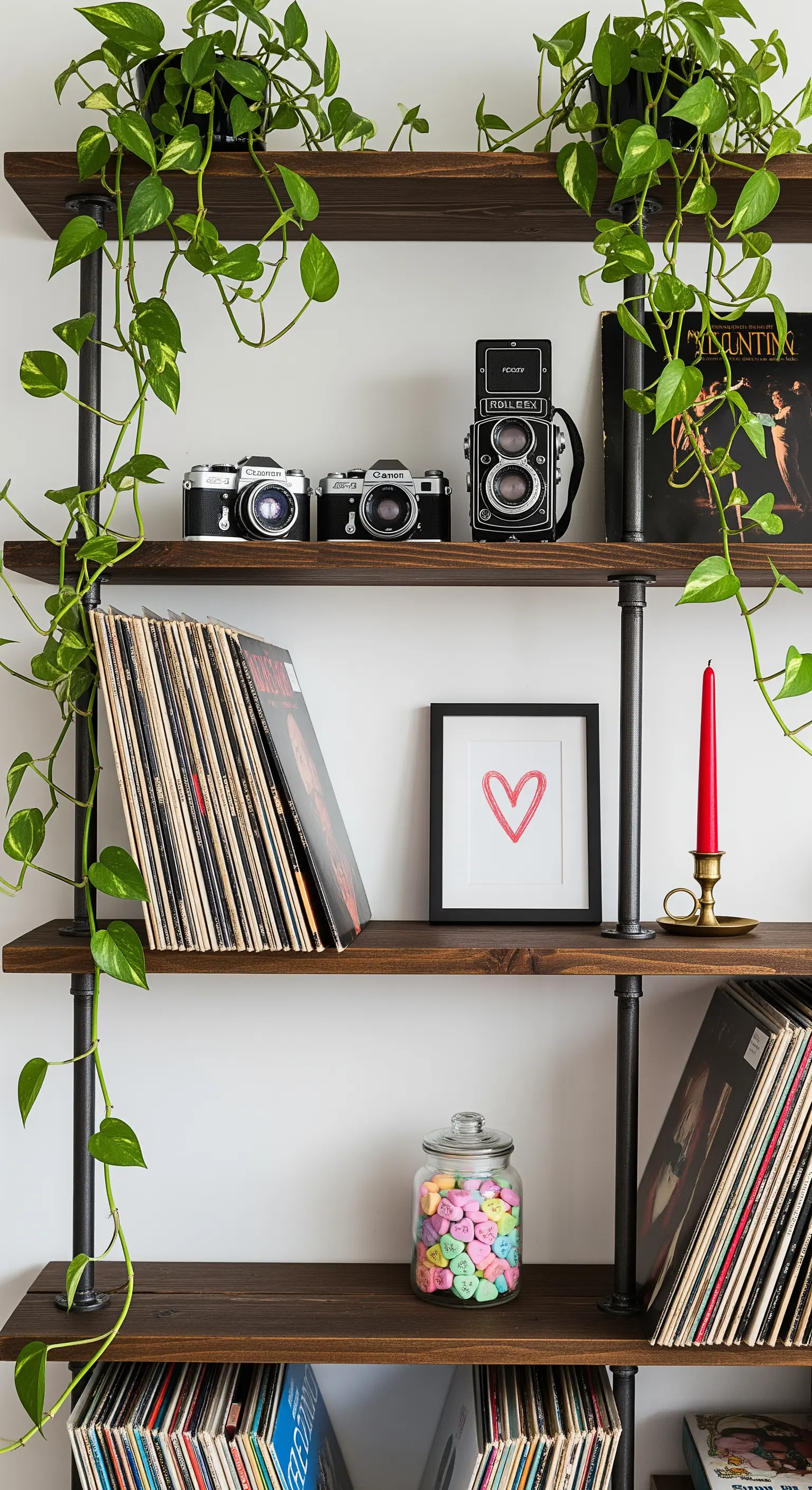 Industrieregal mit Hängepflanzen, Schallplatten und Herzbild