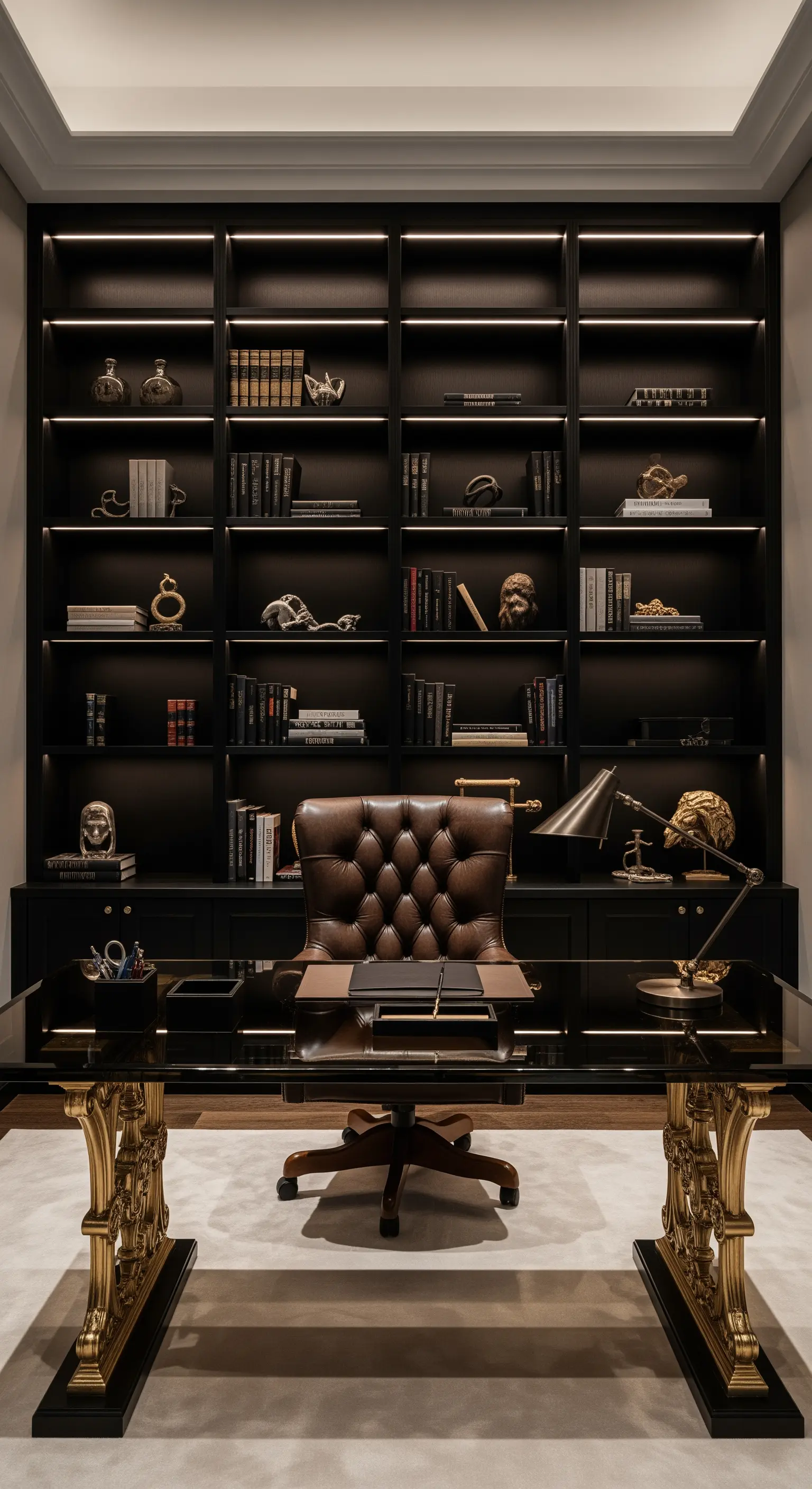 Dunkles Regal mit indirekter Beleuchtung und Deko