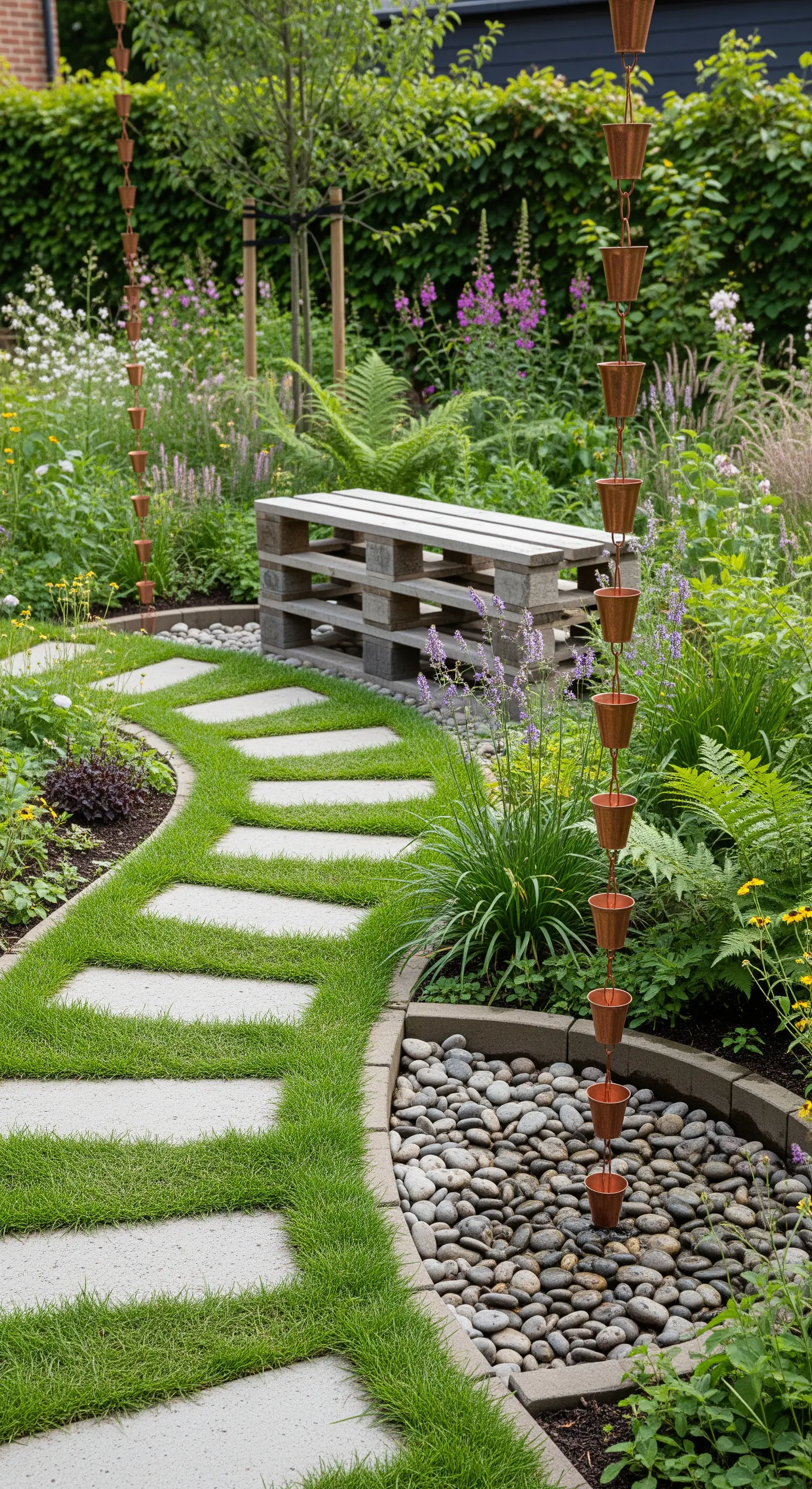 Kupfer-Regenkette leitet Wasser in Steinbett