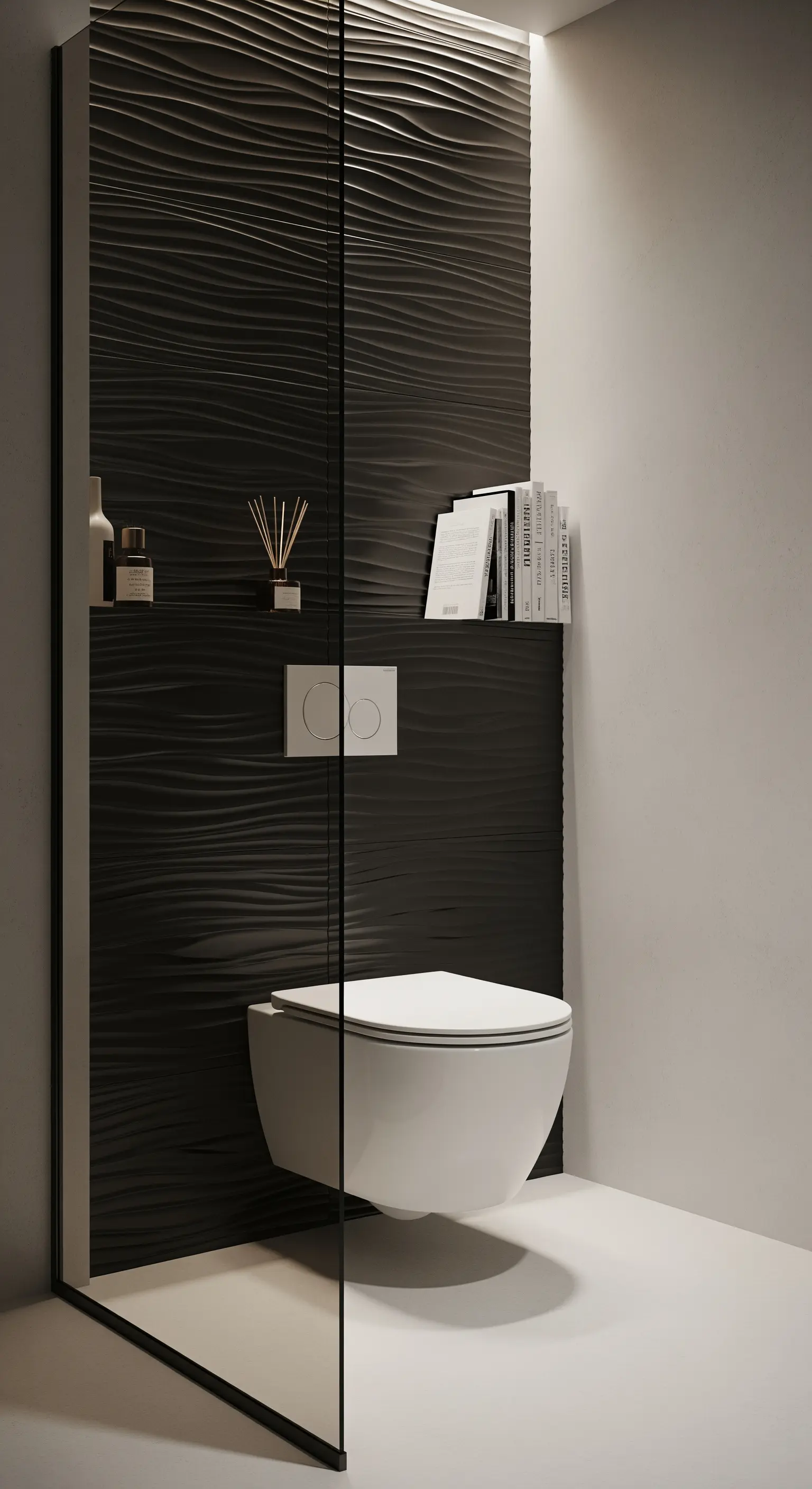 Dusche mit wellenförmiger schwarzer Reliefwand und Glasabtrennung