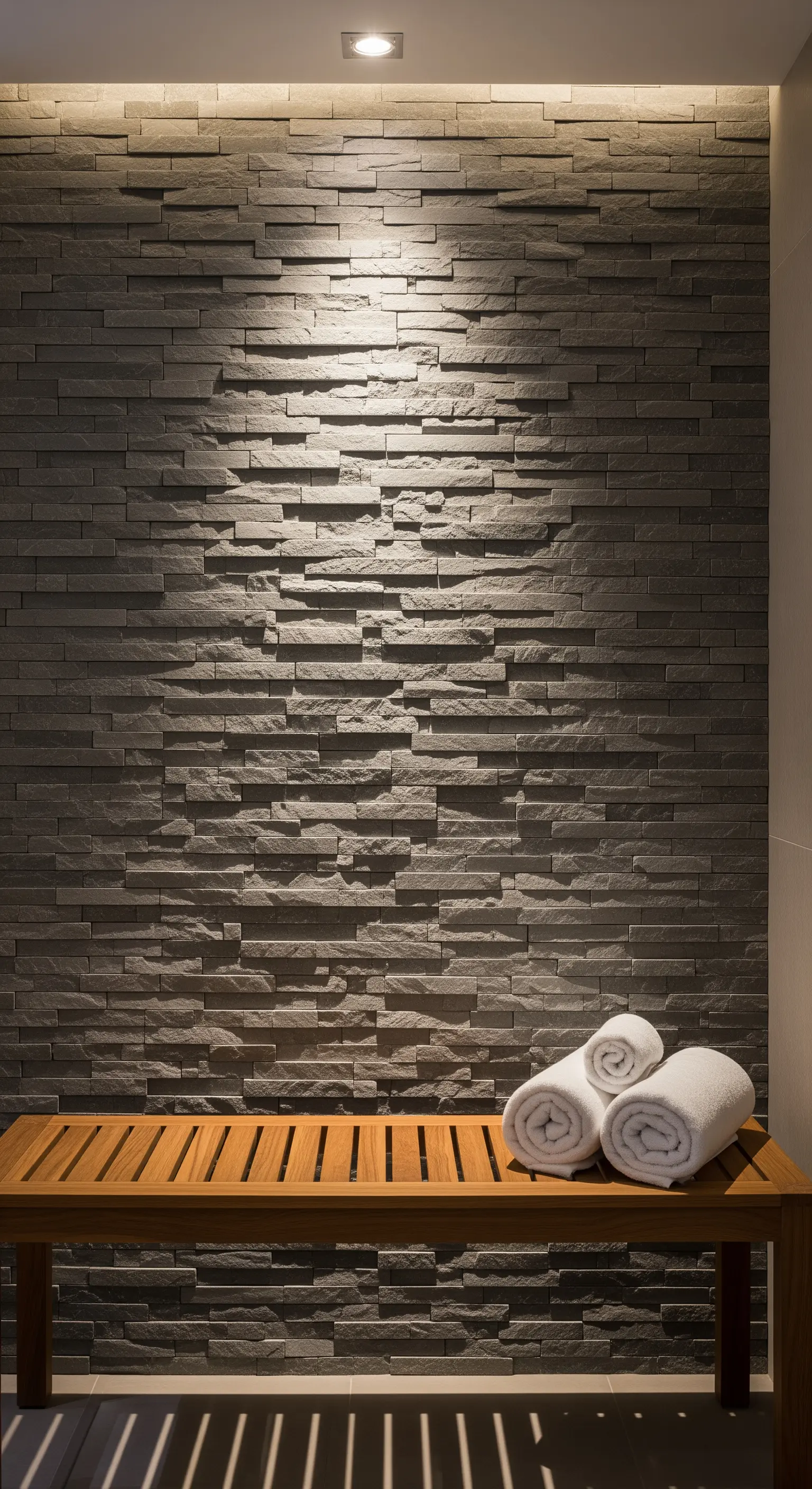 Dunkle Steinwand mit Relief, beleuchtet durch deckenintegrierte Spots