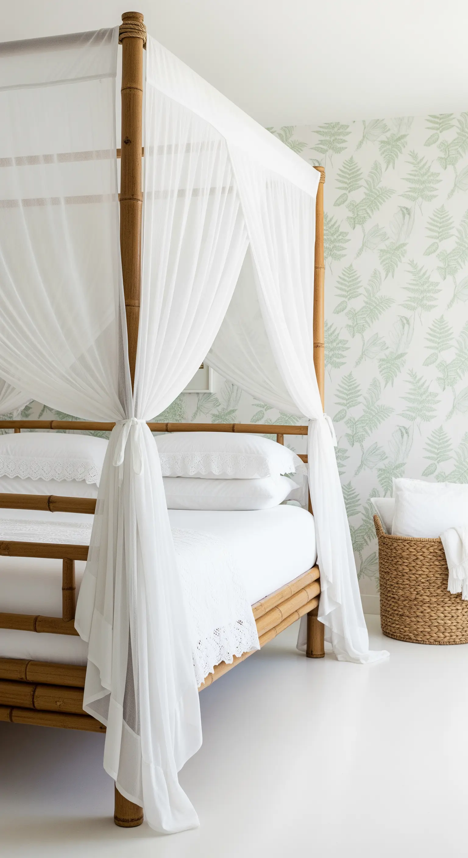 Bambus Himmelbett mit weißen Vorhängen und Blatttapete
