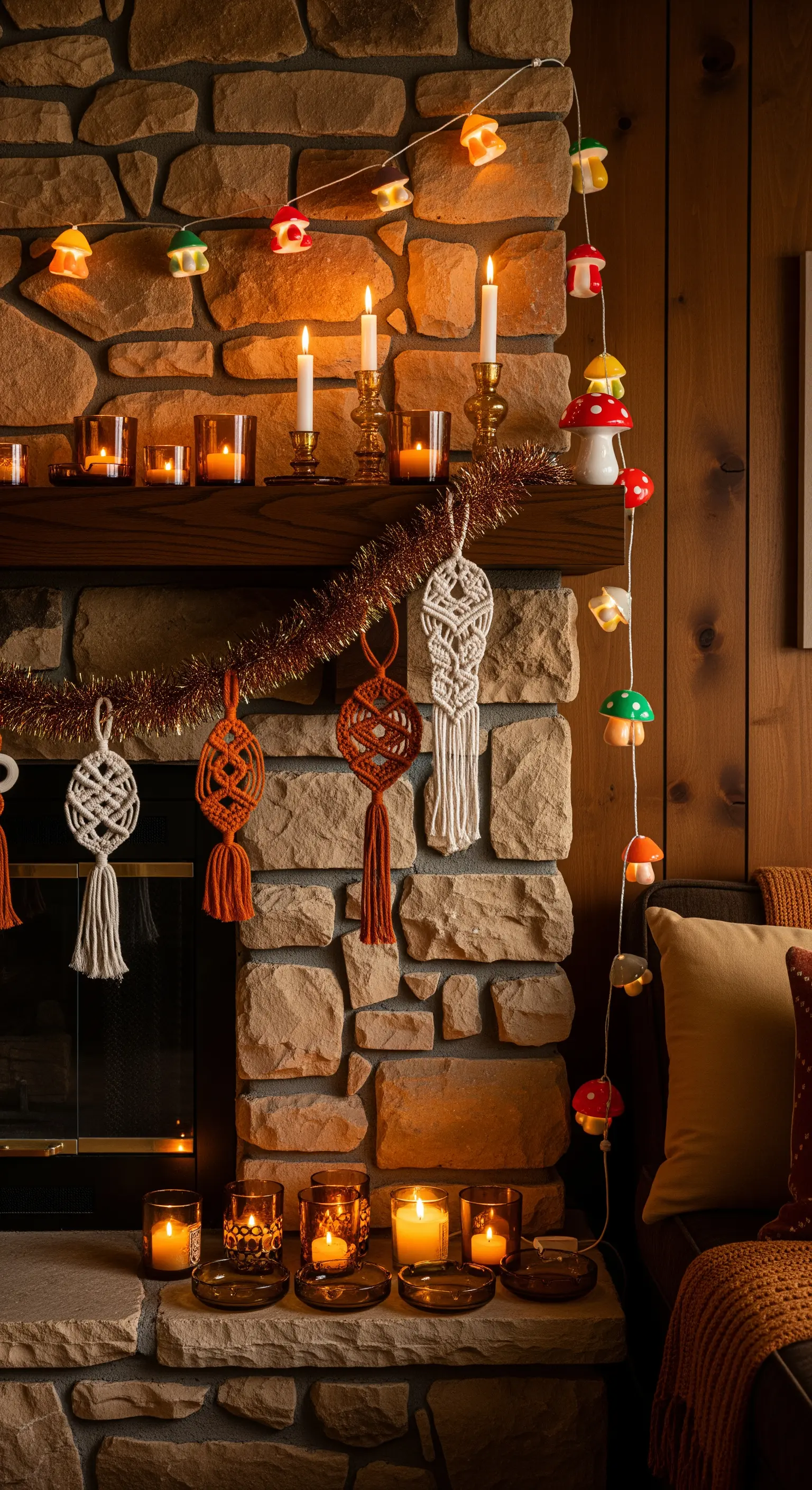 Kamin mit Pilz-Lichterkette und Makramee-Anhängern