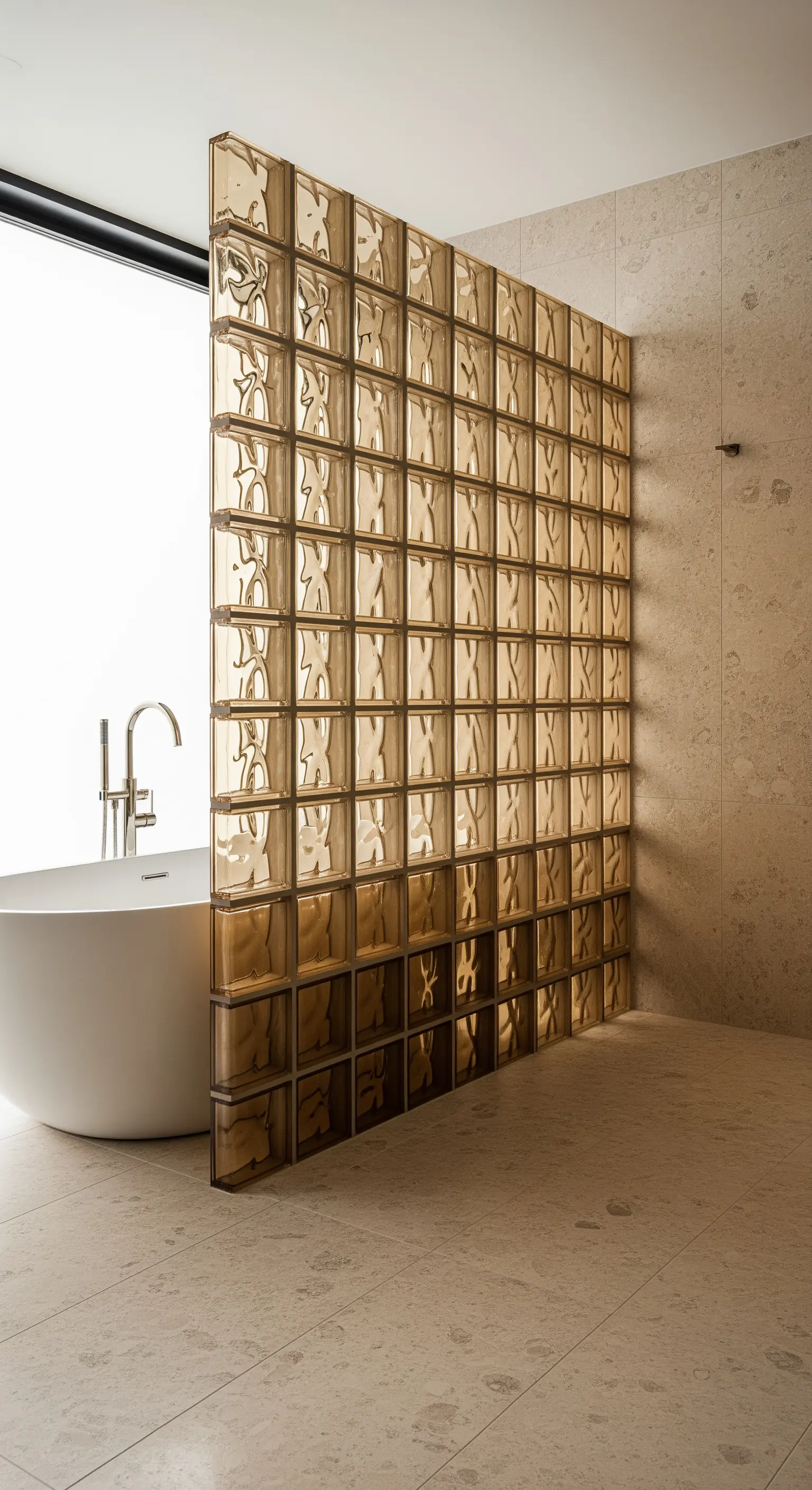 Trennwand aus bernsteinfarbenen Glasbausteinen im Bad