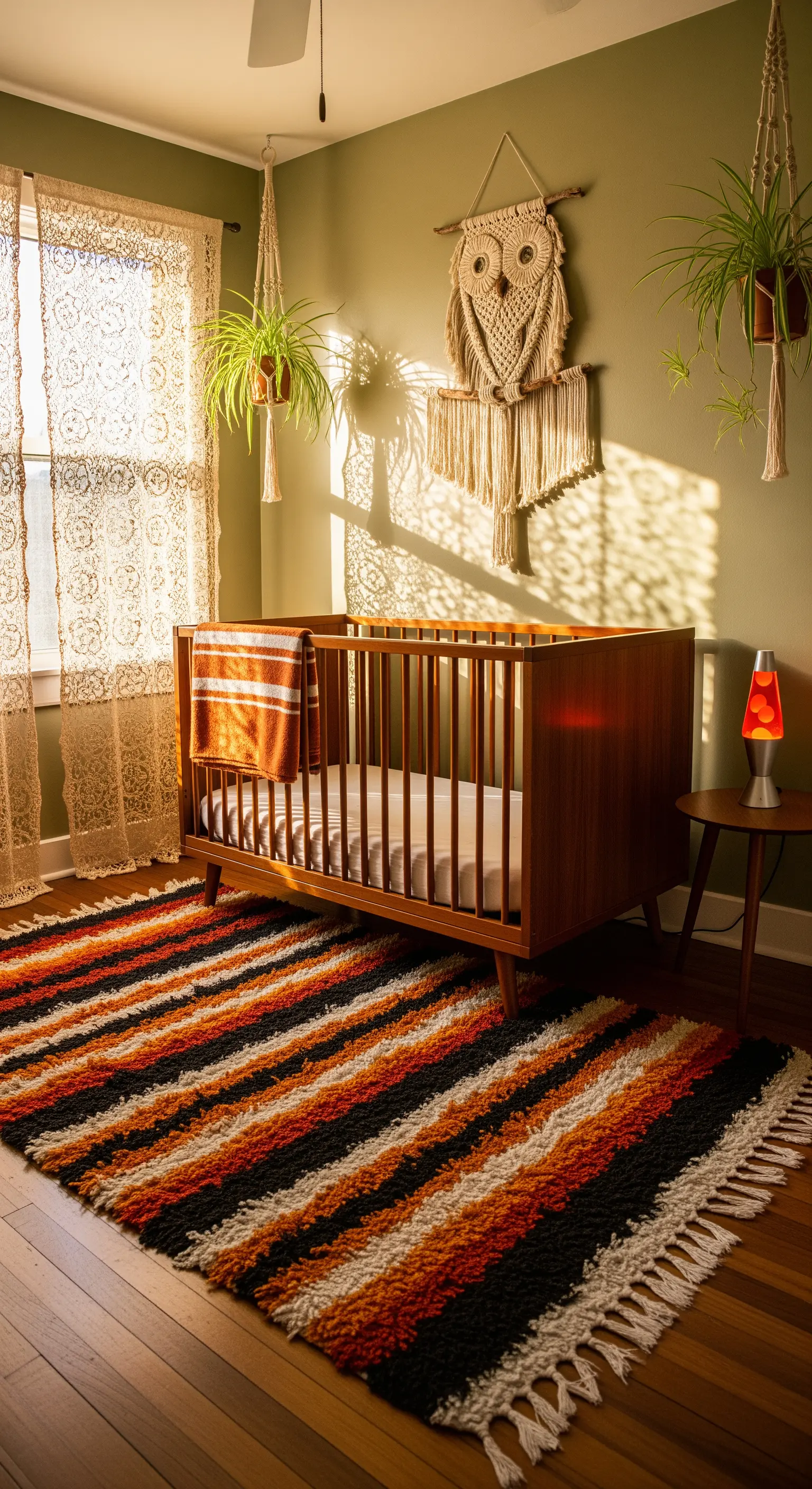 Makramee-Eule über einem Vintage-Holzbett mit Retro-Teppich