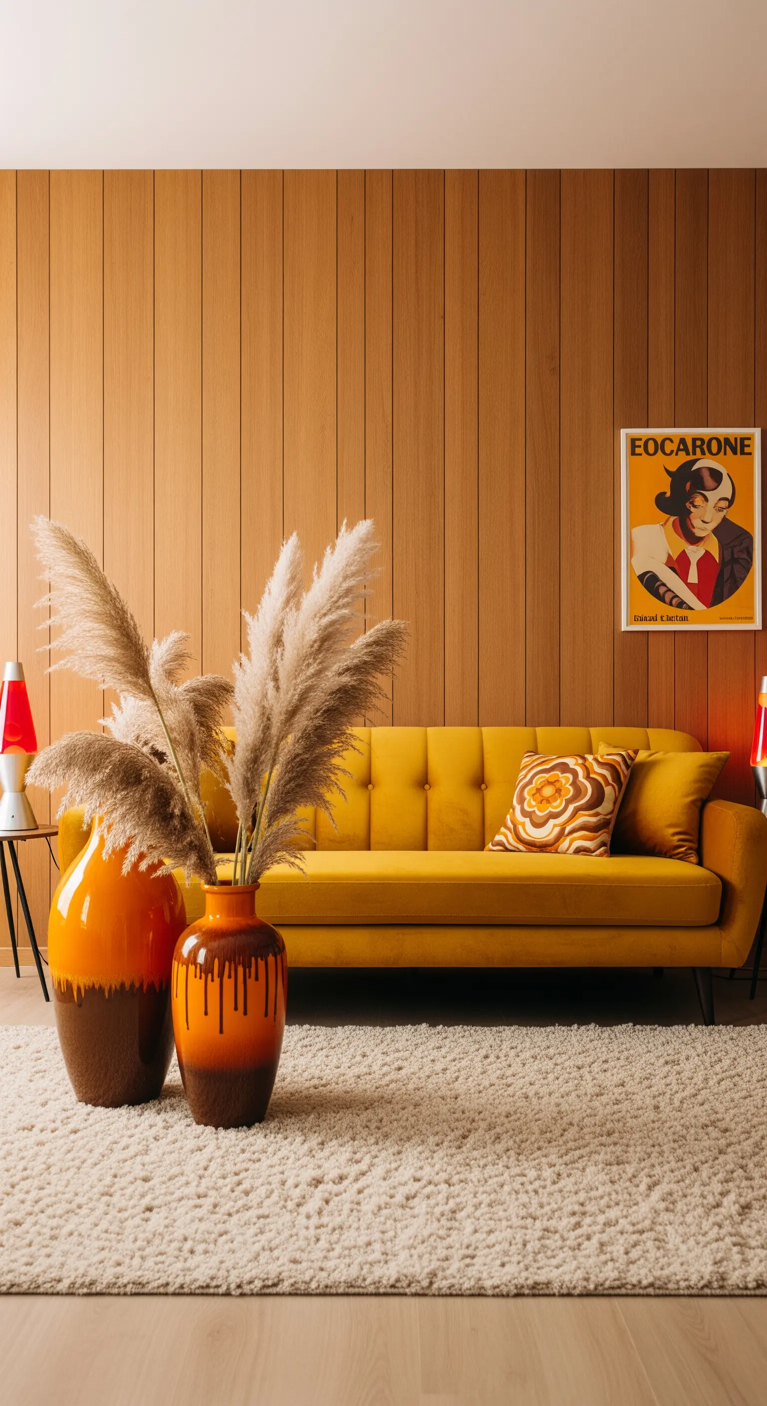 Gelbes Sofa mit orangefarbener Vase