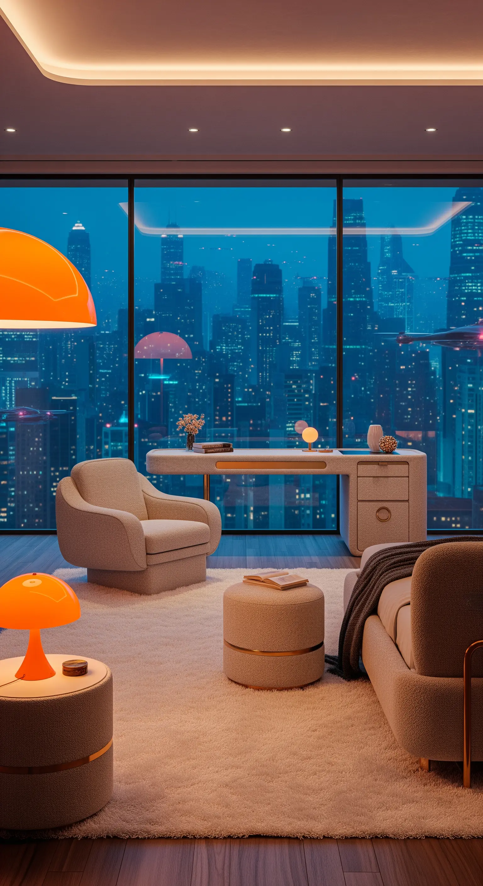 Retro-inspiriertes Schlafzimmer mit oranger Bogenlampe und organischen Sesseln