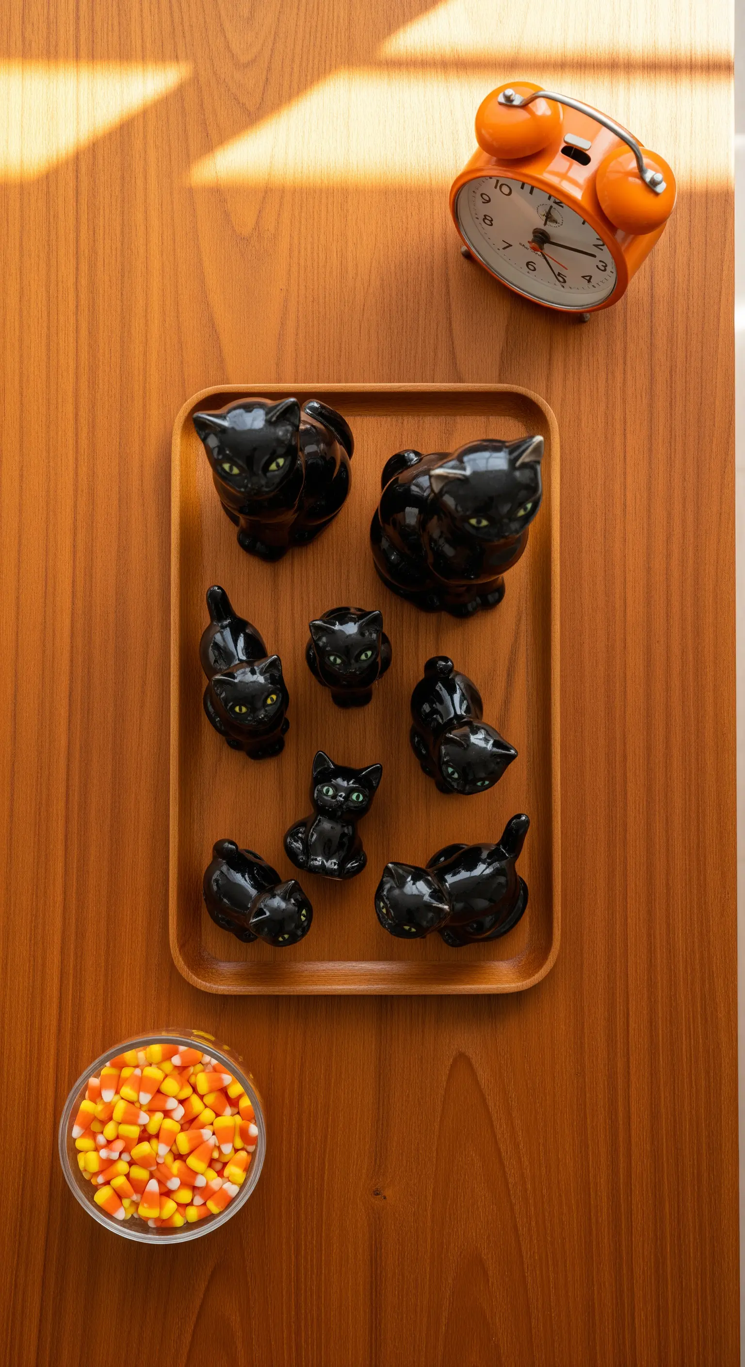 Gruppe schwarzer Keramik-Katzen auf Holztablett mit Candy Corn