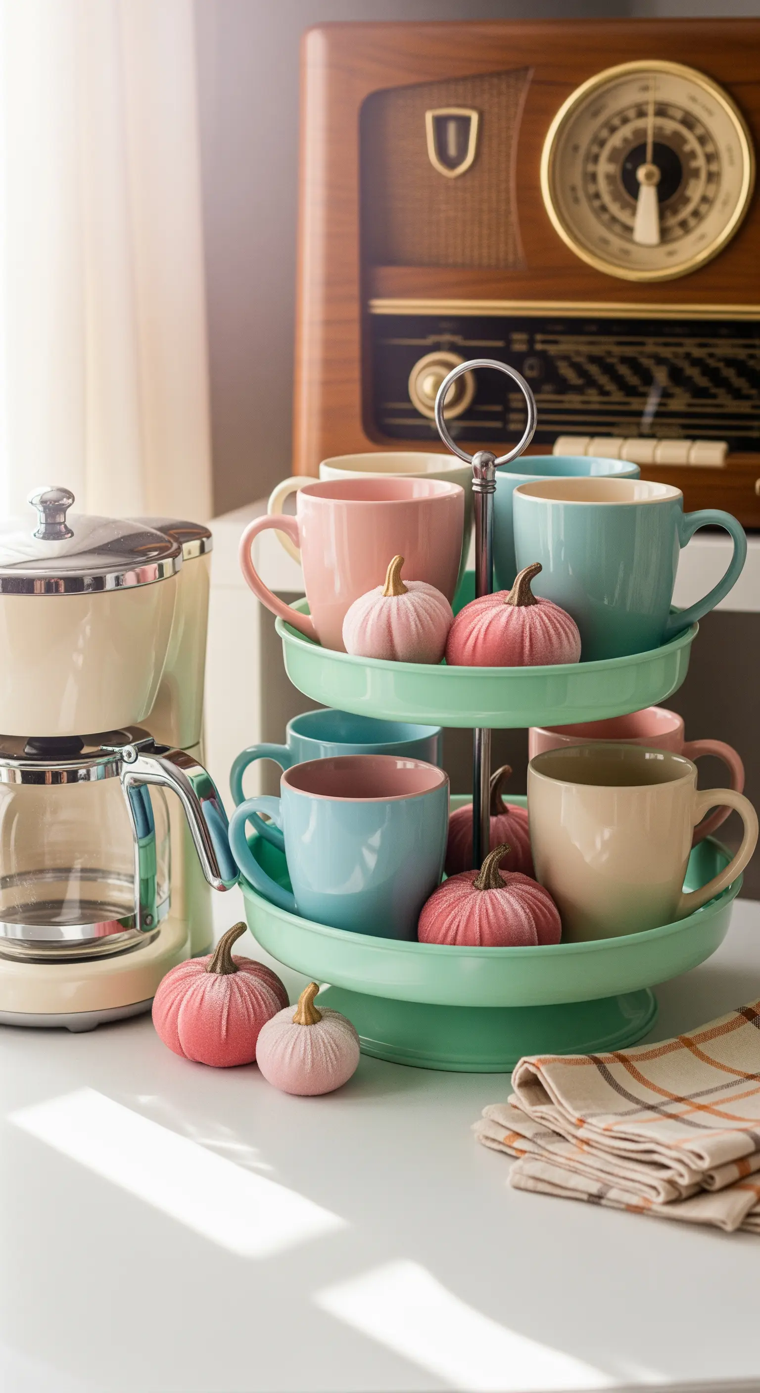 Pastellgrüne Etagere mit rosa Samtkürbissen und pastellfarbenen Tassen