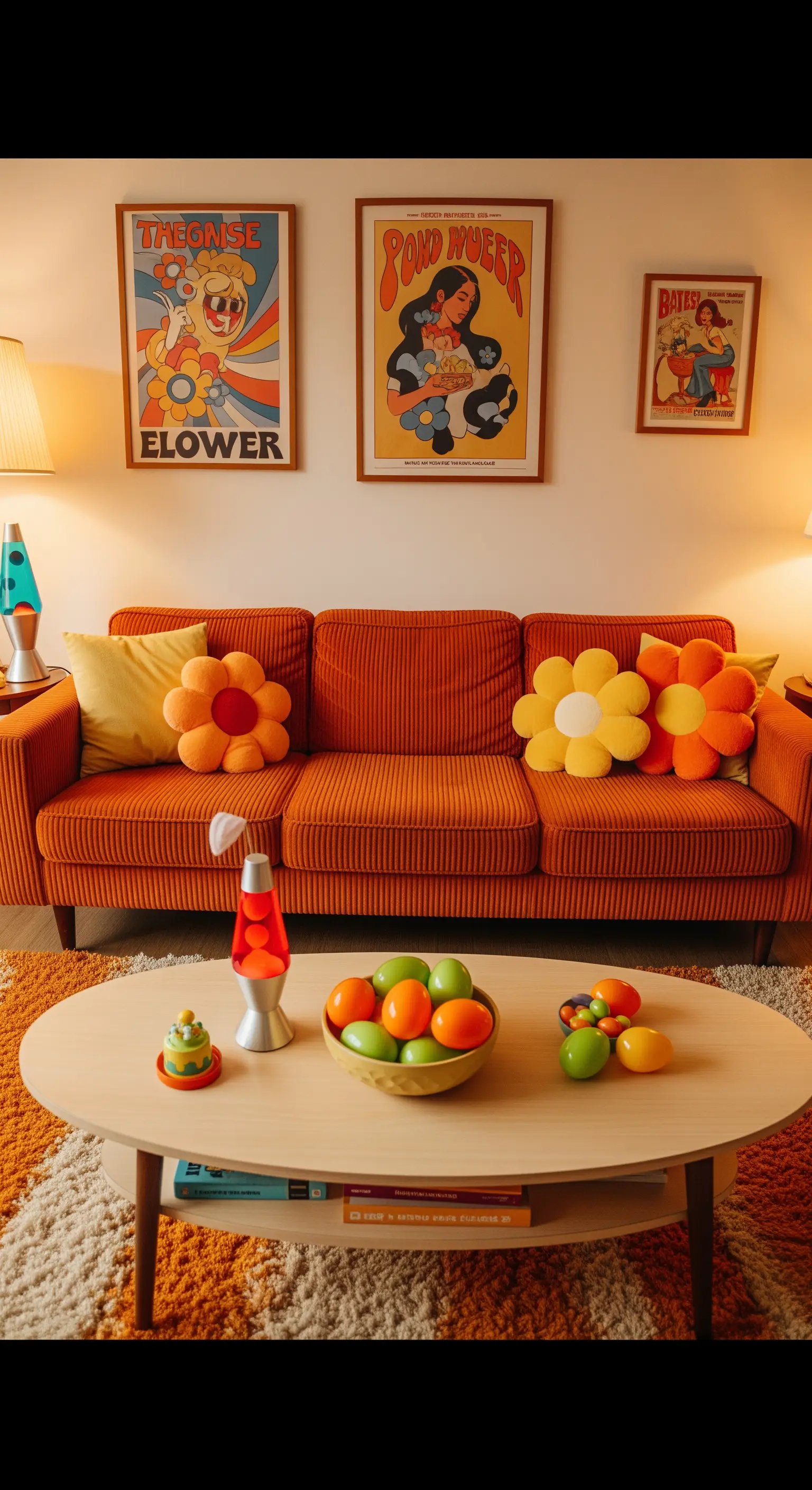 Oranges Cordsofa mit Blumenkissen und bunten Eiern