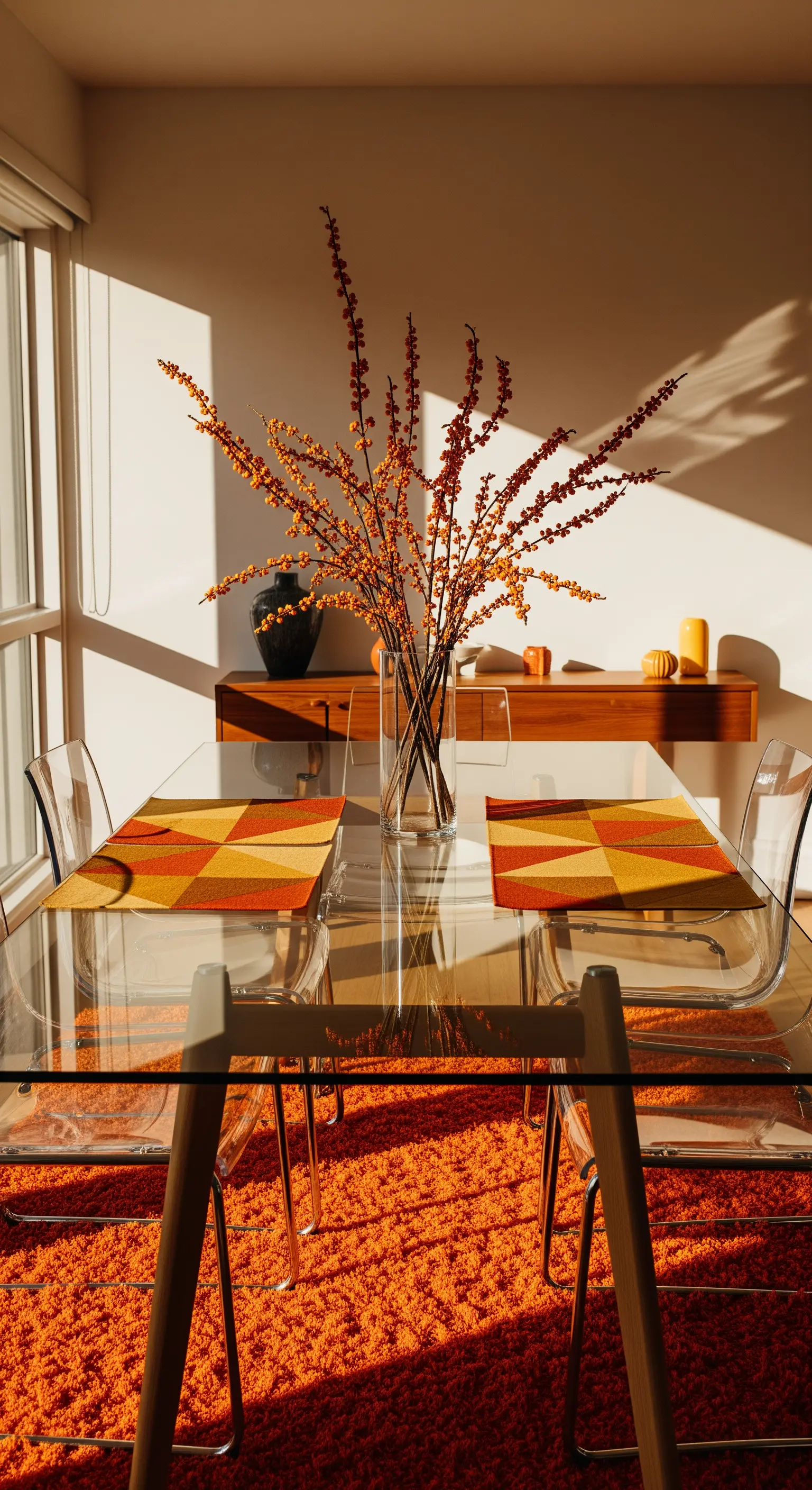 Glastisch mit geometrischen Platzsets und Beerenzweigen