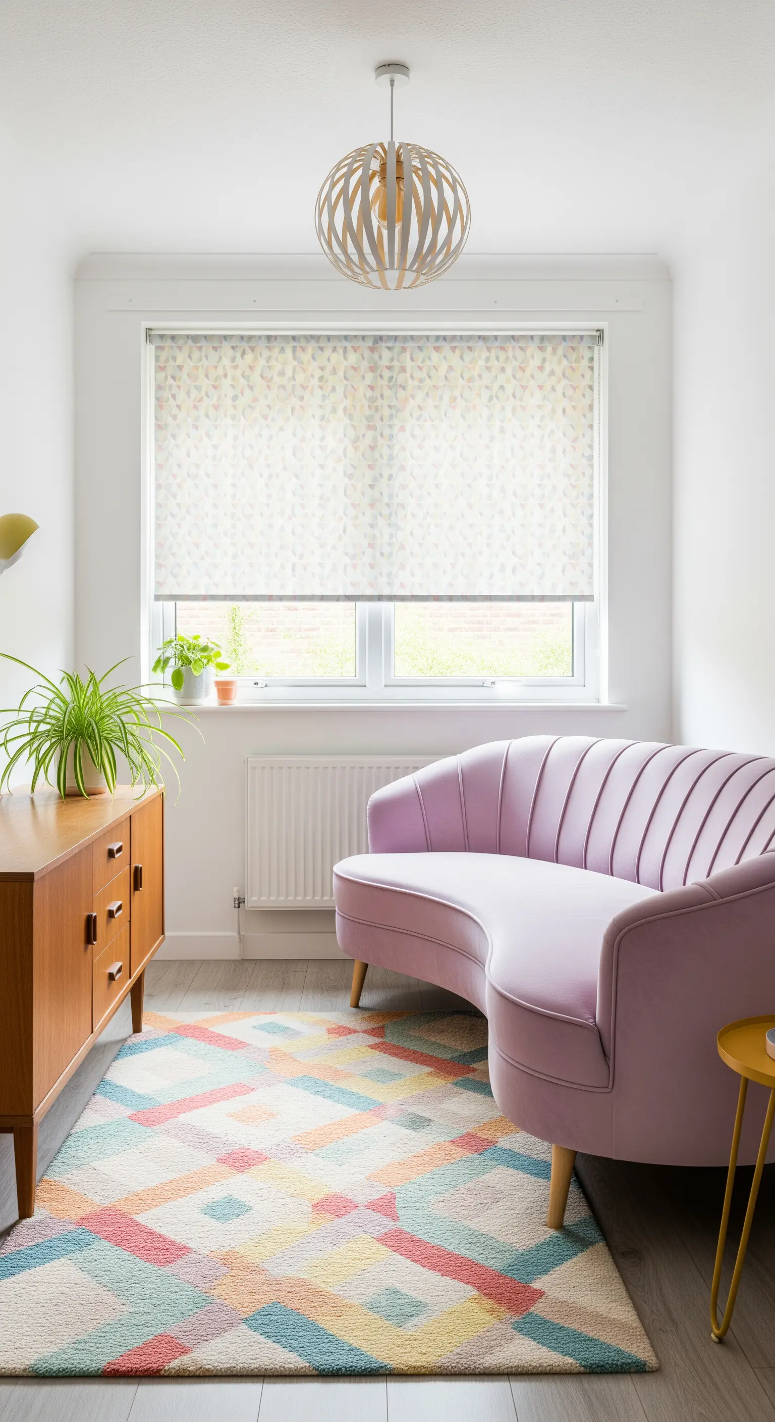 Geschwungenes lila Sofa mit Retro-Sideboard und Teppich