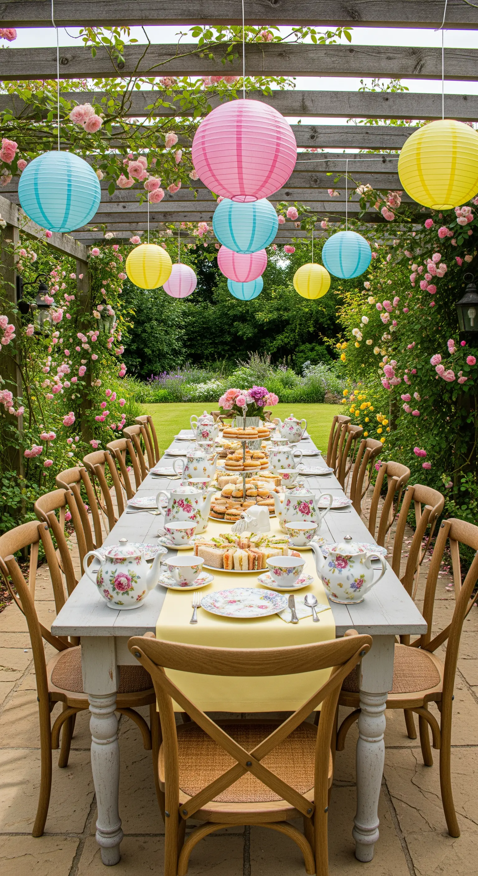 Bunte Papierlampions hängen unter einer Holzpergola über dem Tisch