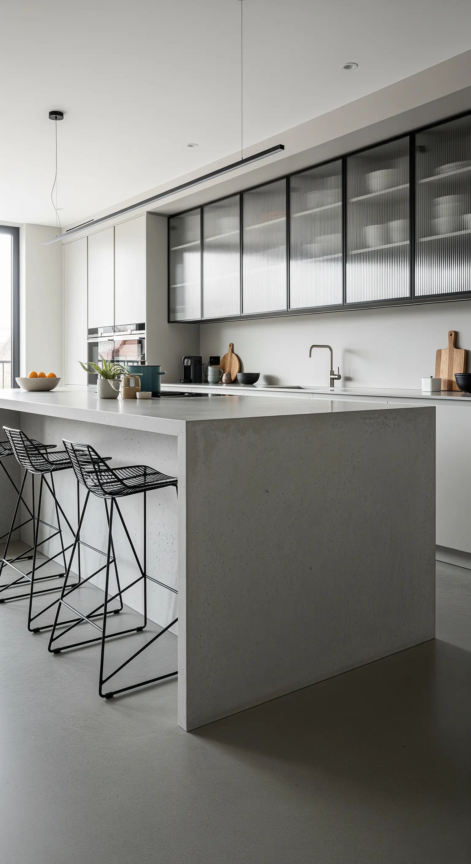 Moderne Küche mit Riffelglas-Schränken und Betoninsel