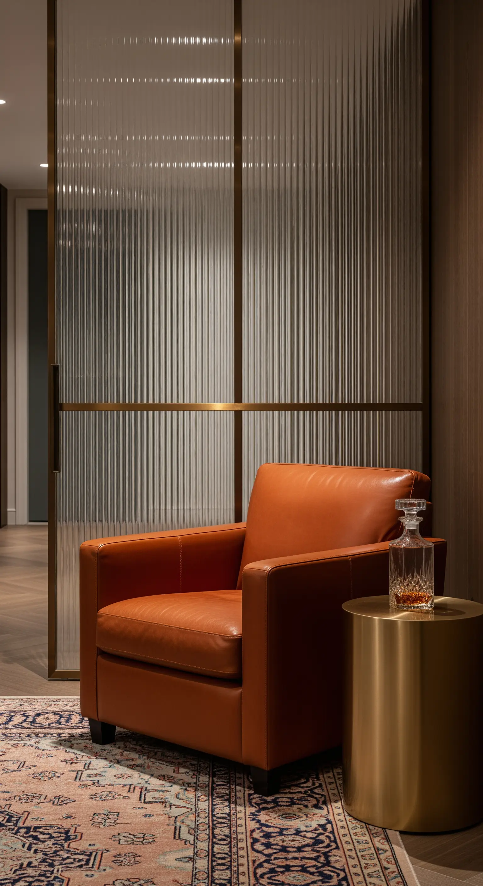 Ledersessel vor Trennwand aus Riffelglas mit Goldtisch