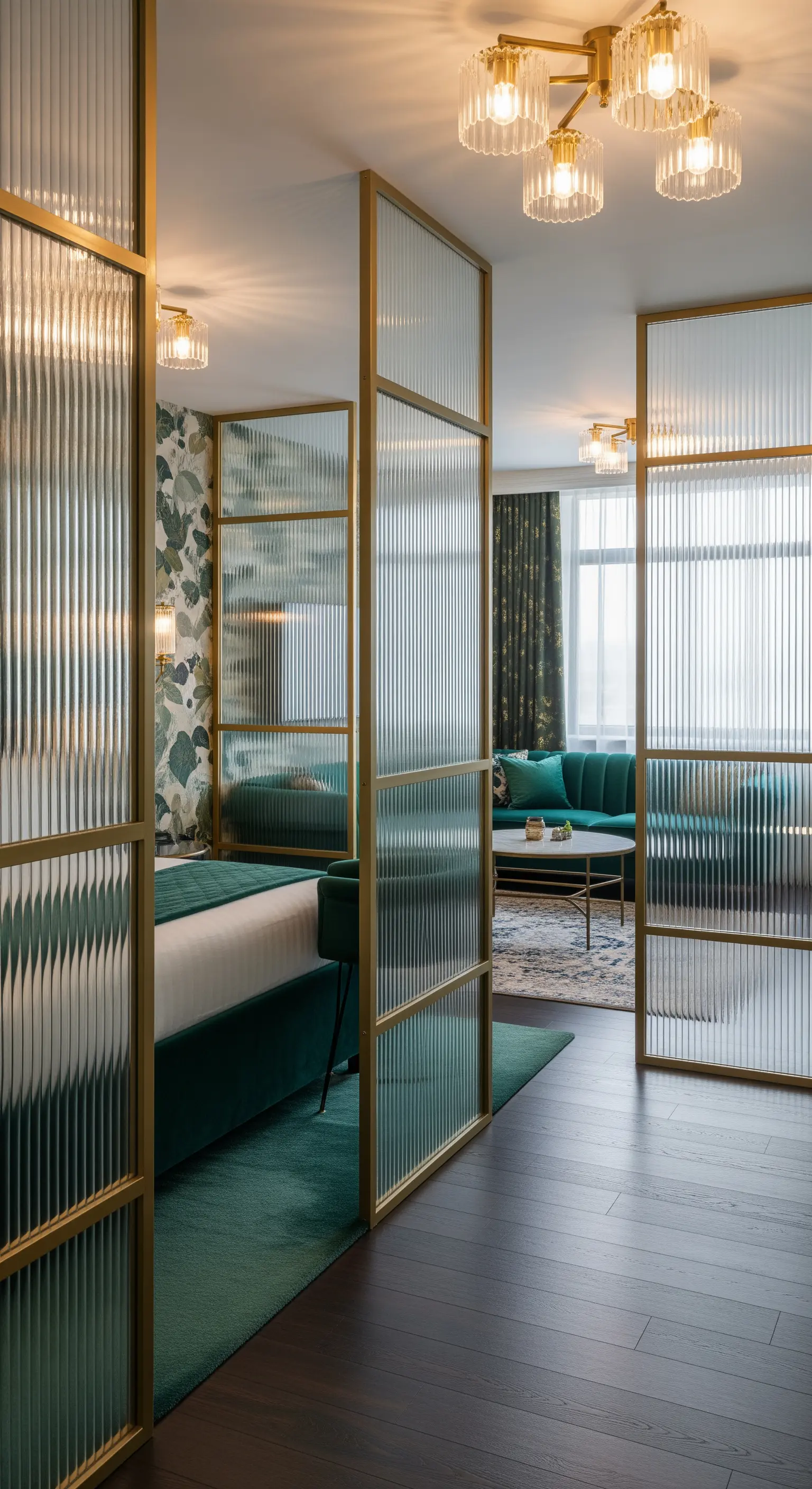 Trennwand aus Riffelglas mit goldenem Rahmen und grünem Samtbett