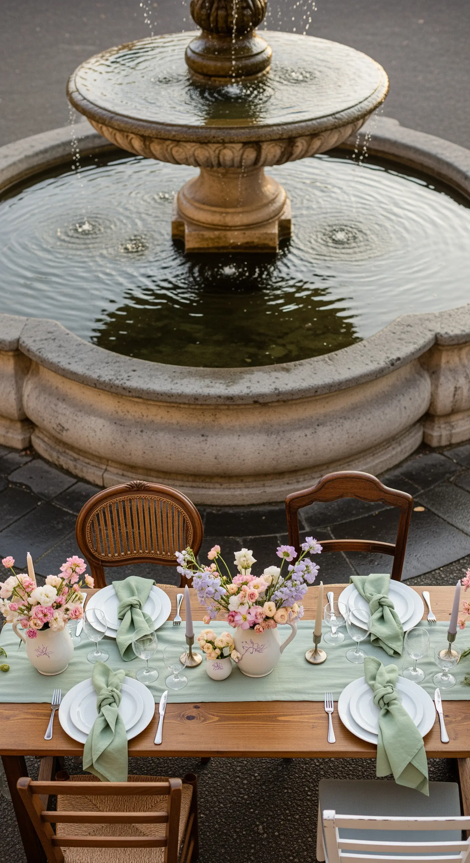 Tisch mit pastellfarbenen Blumen direkt vor einem alten Steinbrunnen
