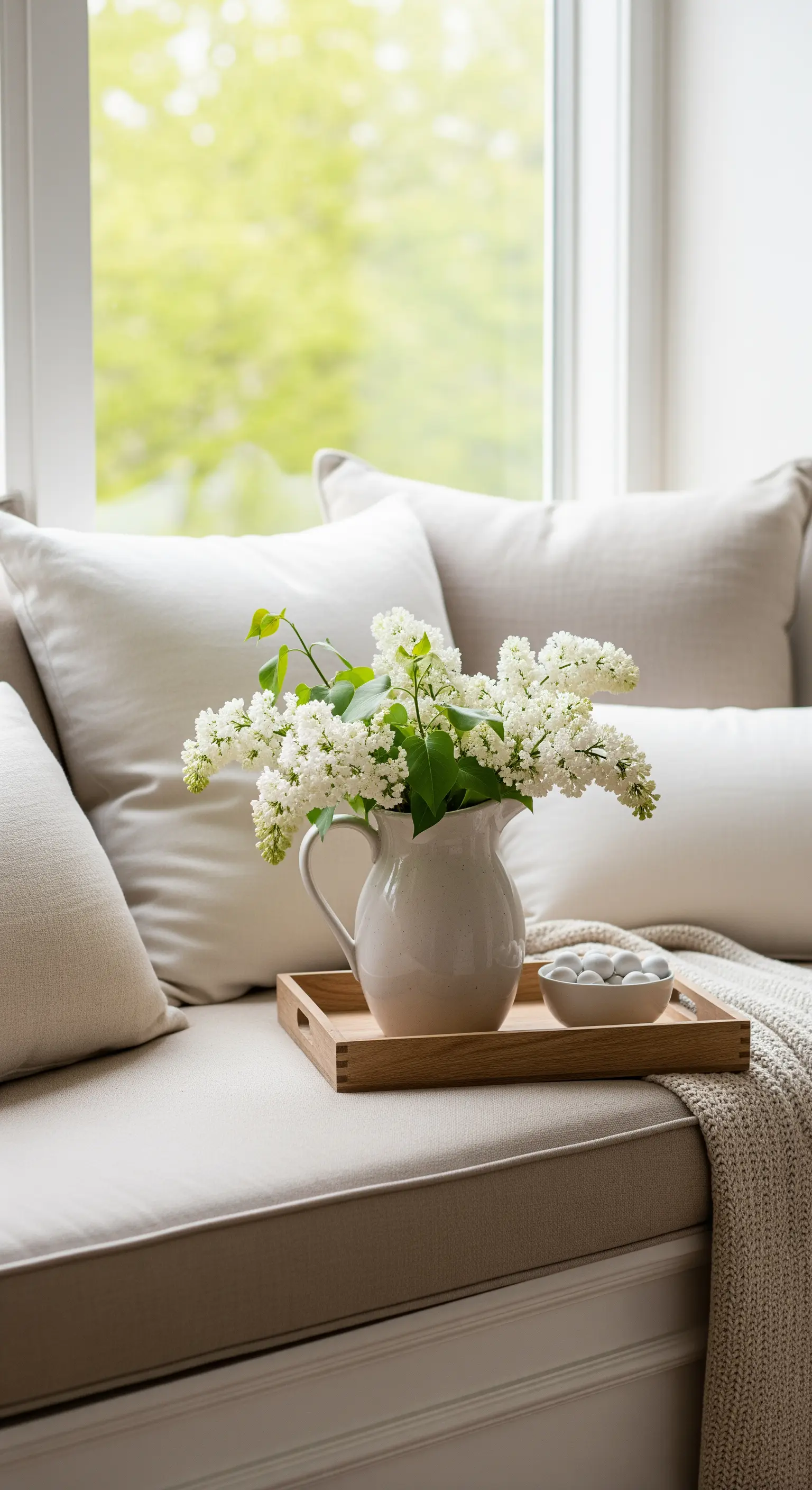 Fensterbank mit Kissen und Flieder im Krug