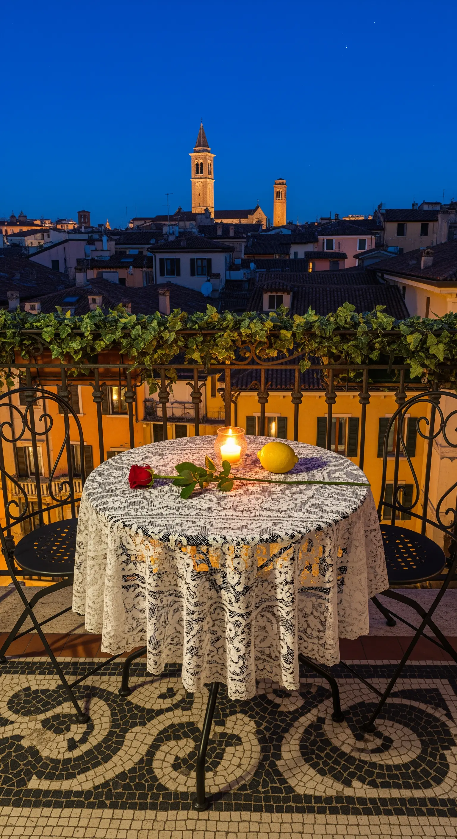 Kleiner Balkontisch mit Rose, Zitrone und Stadtblick