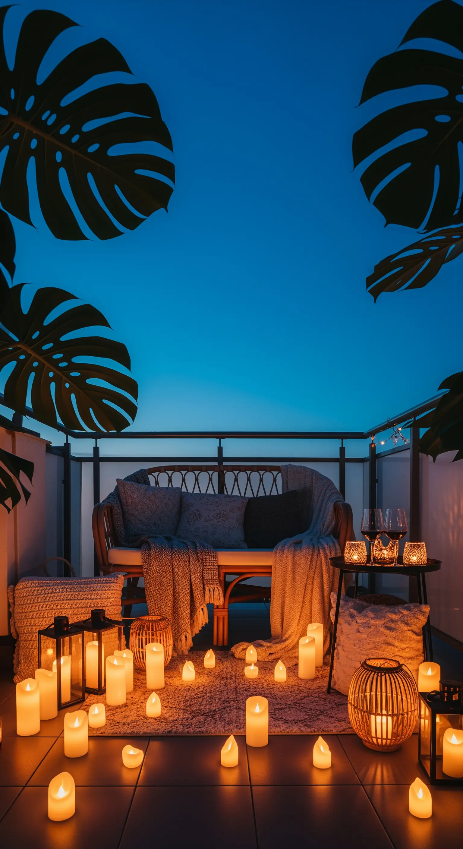 Abendlicher Balkon mit vielen Kerzen, Laternen und gemütlicher Sitzbank