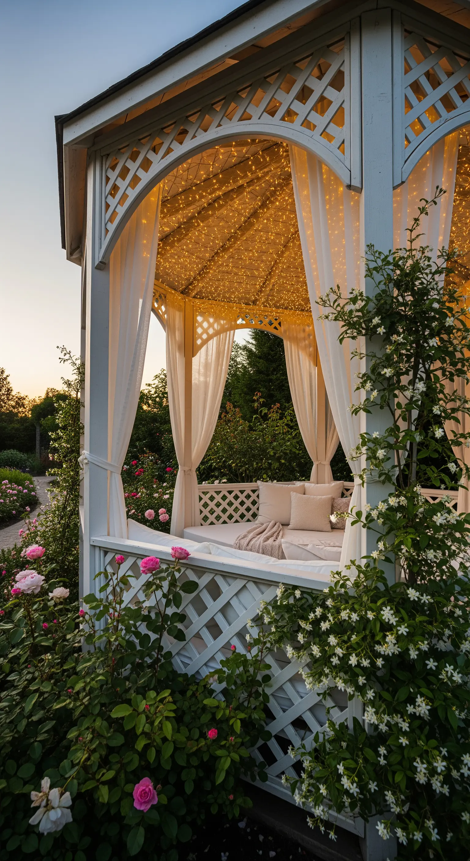 Weißer Pavillon mit Vorhängen und Lichterhimmel